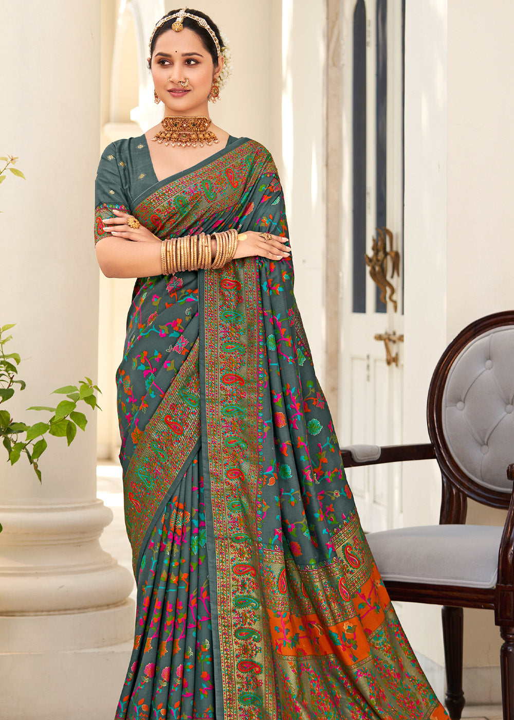 Hunter Grey Handloom Printed Kashmiri Jamewar Silk Saree