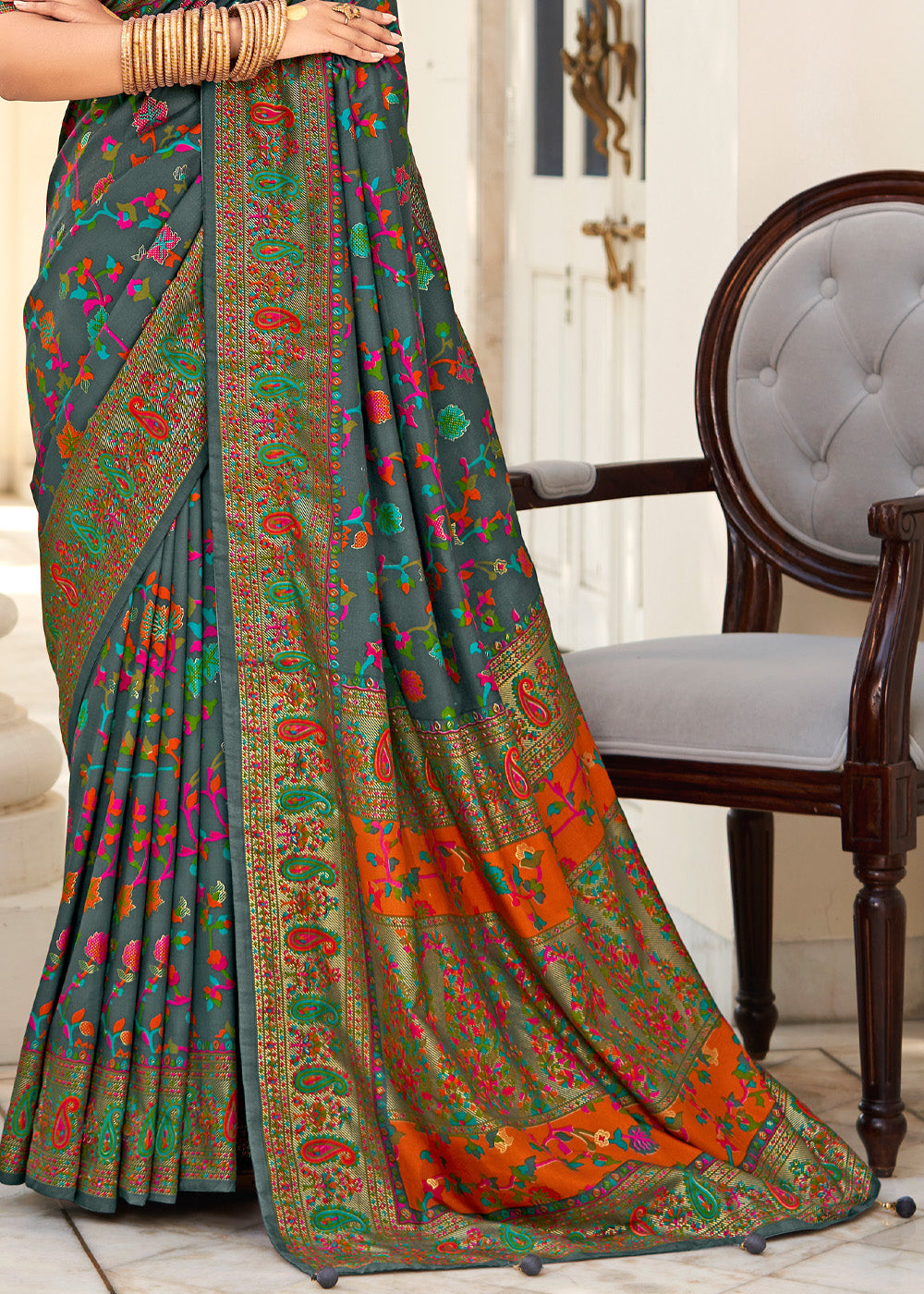 Hunter Grey Handloom Printed Kashmiri Jamewar Silk Saree