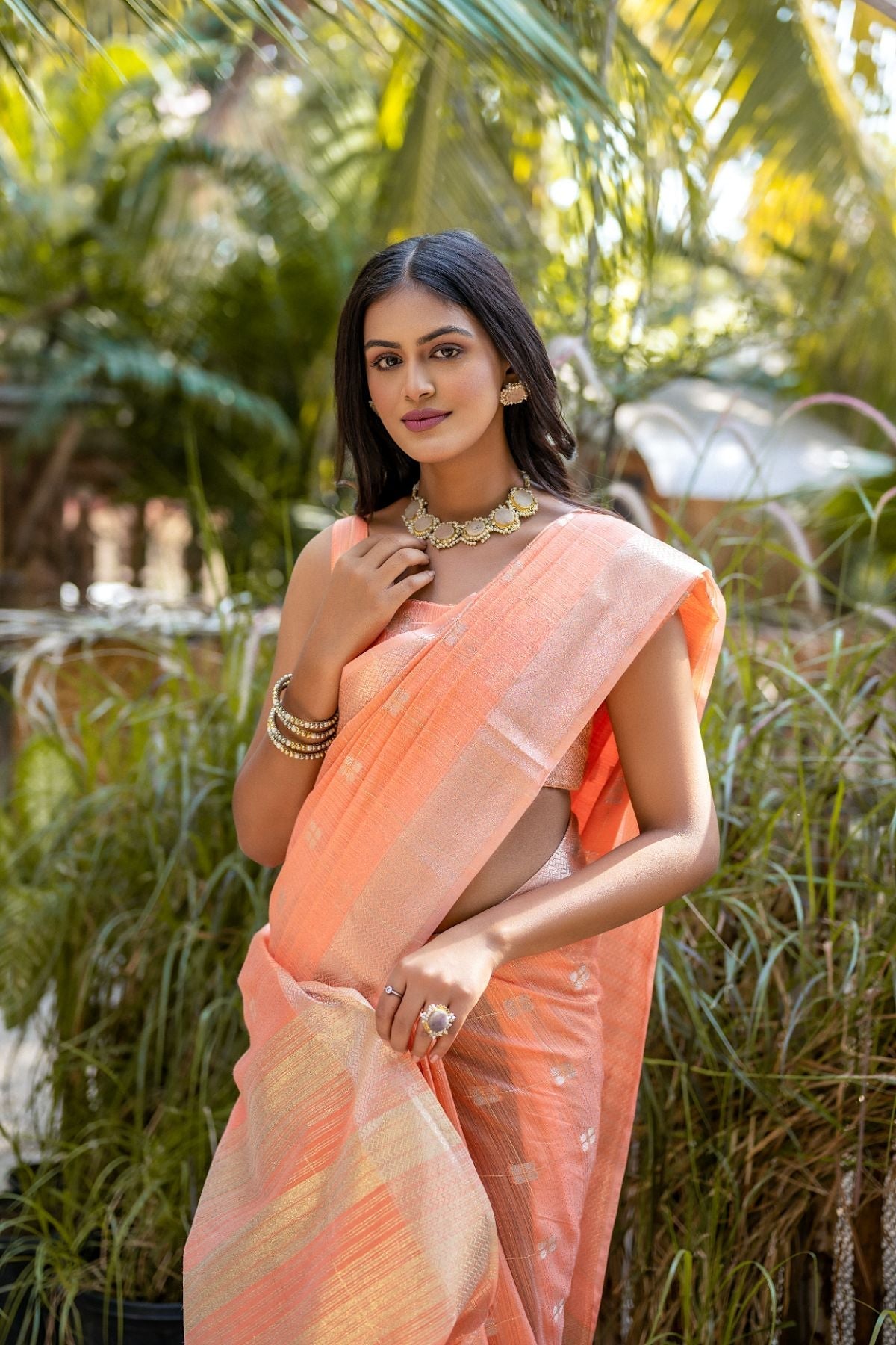 Sandy Brown Orange Cotton Saree