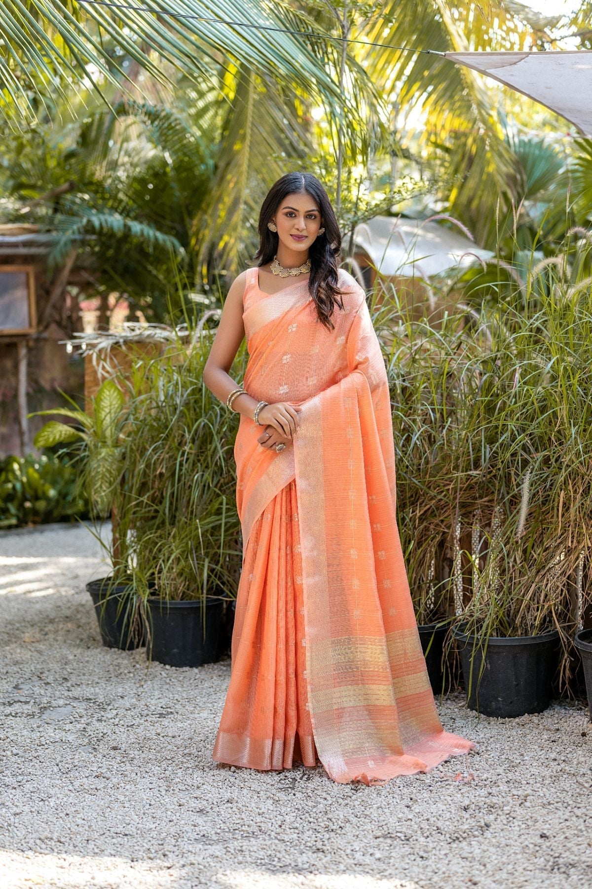 Sandy Brown Orange Cotton Saree