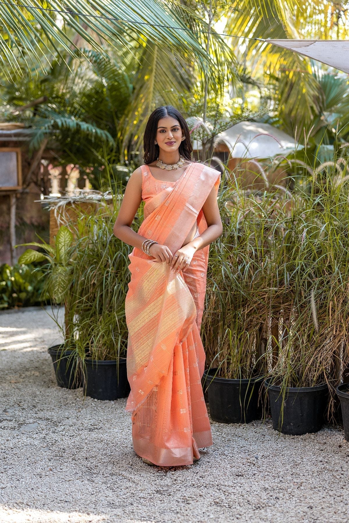 Sandy Brown Orange Cotton Saree