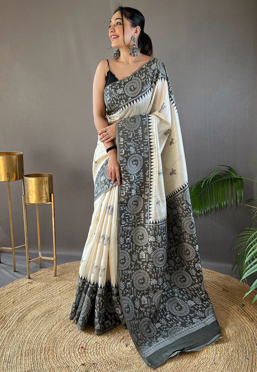 Oslo Grey Tussar Silk Saree