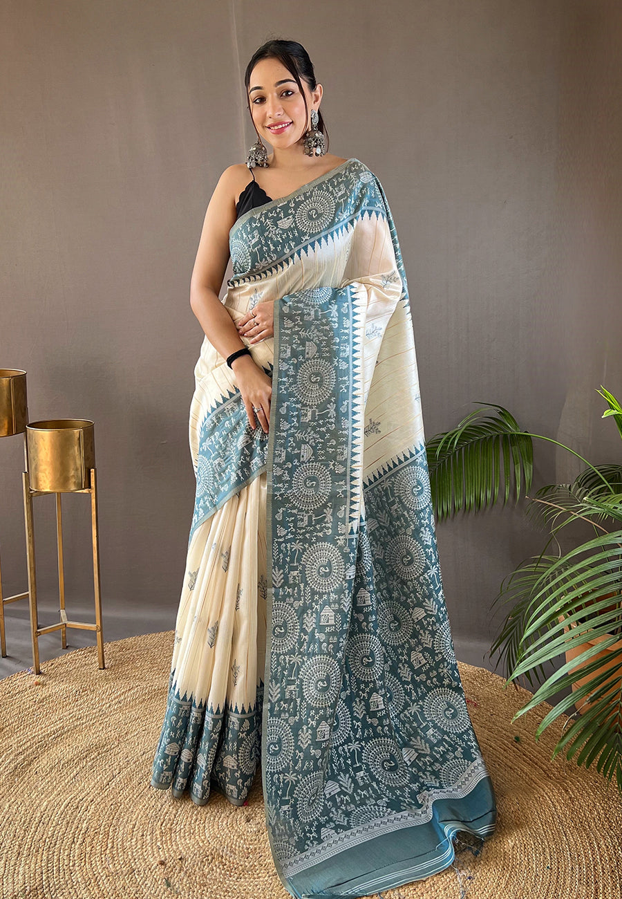 Heather Blue Tussar Silk Saree