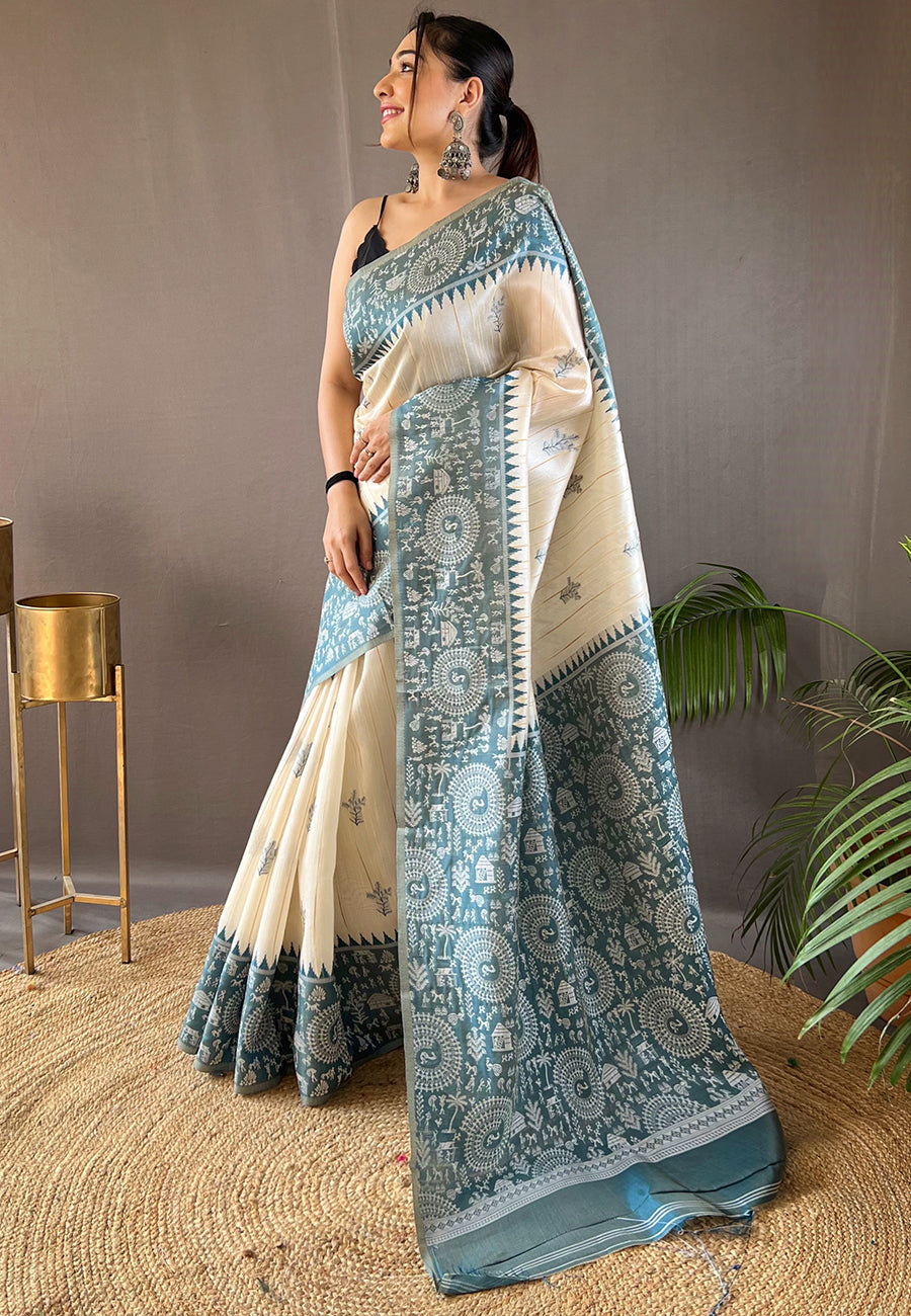 Heather Blue Tussar Silk Saree