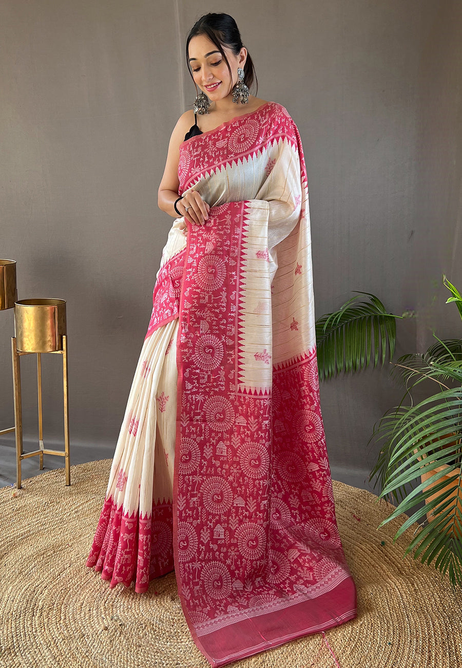 Cranberry Pink Tussar Silk Saree