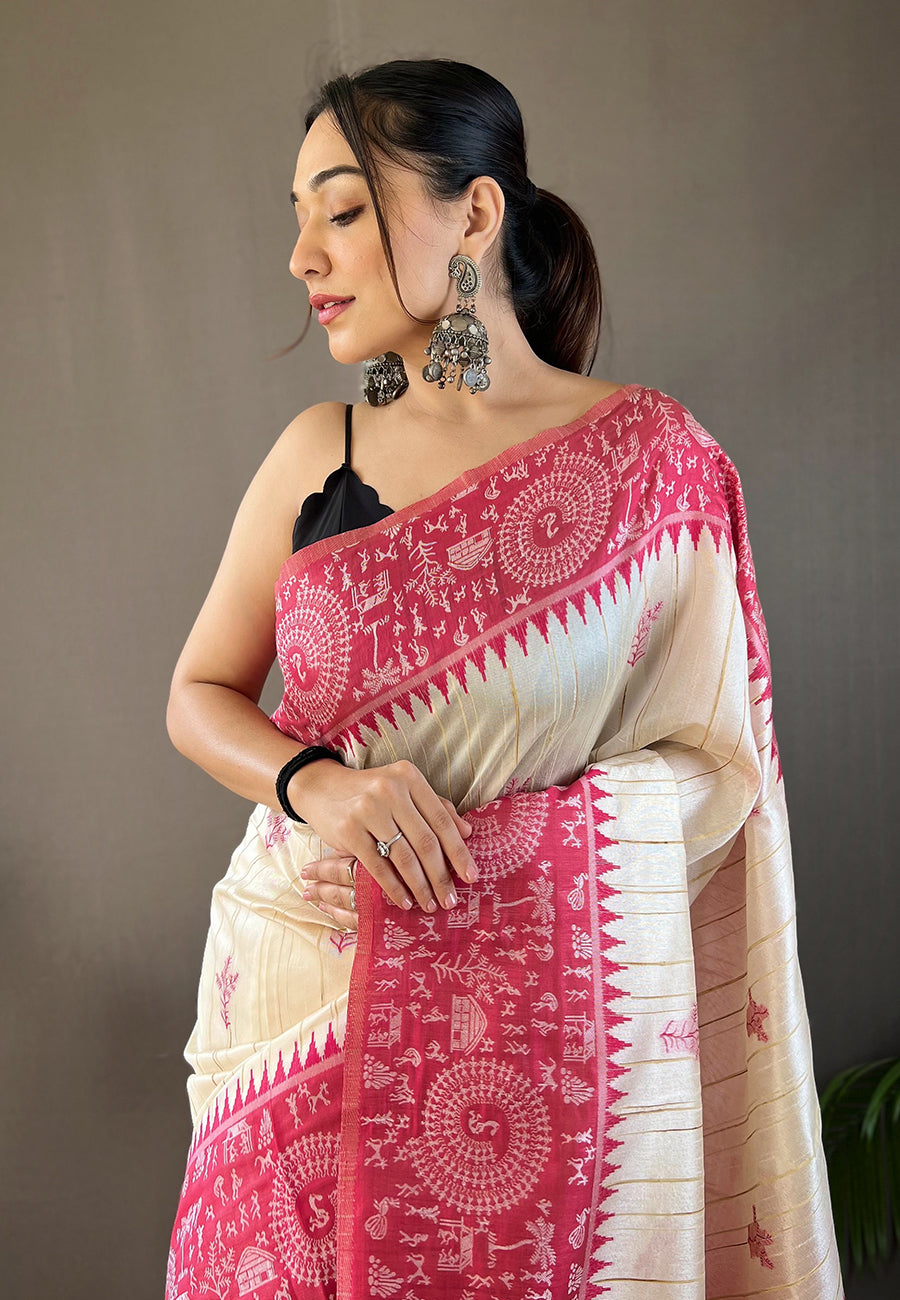 Cranberry Pink Tussar Silk Saree