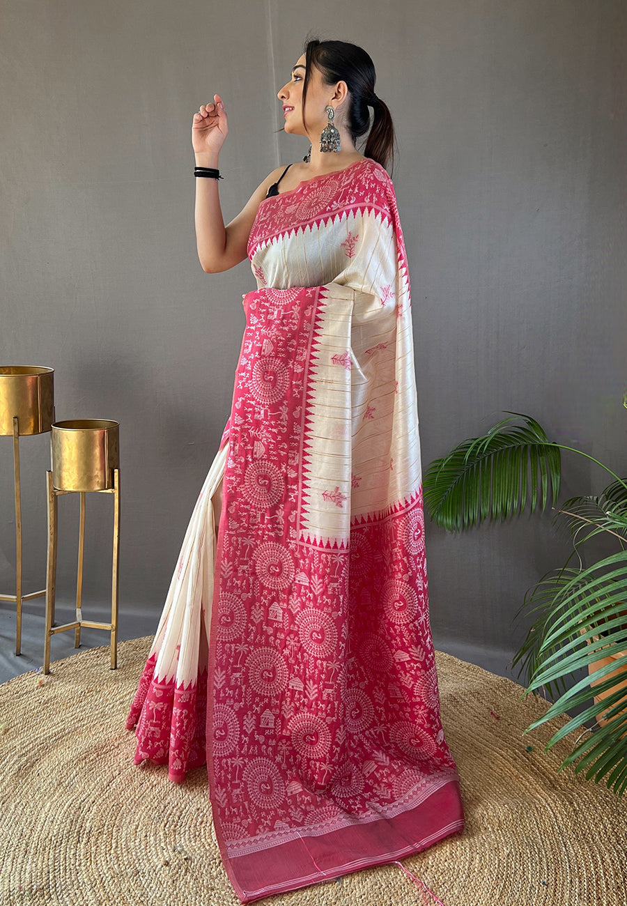 Cranberry Pink Tussar Silk Saree