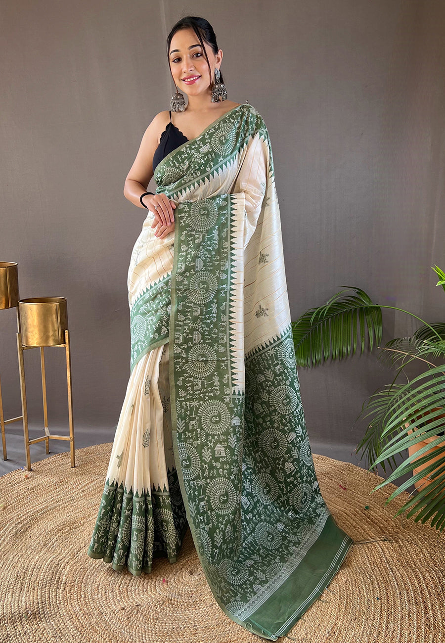 Finch Green Tussar Silk Saree