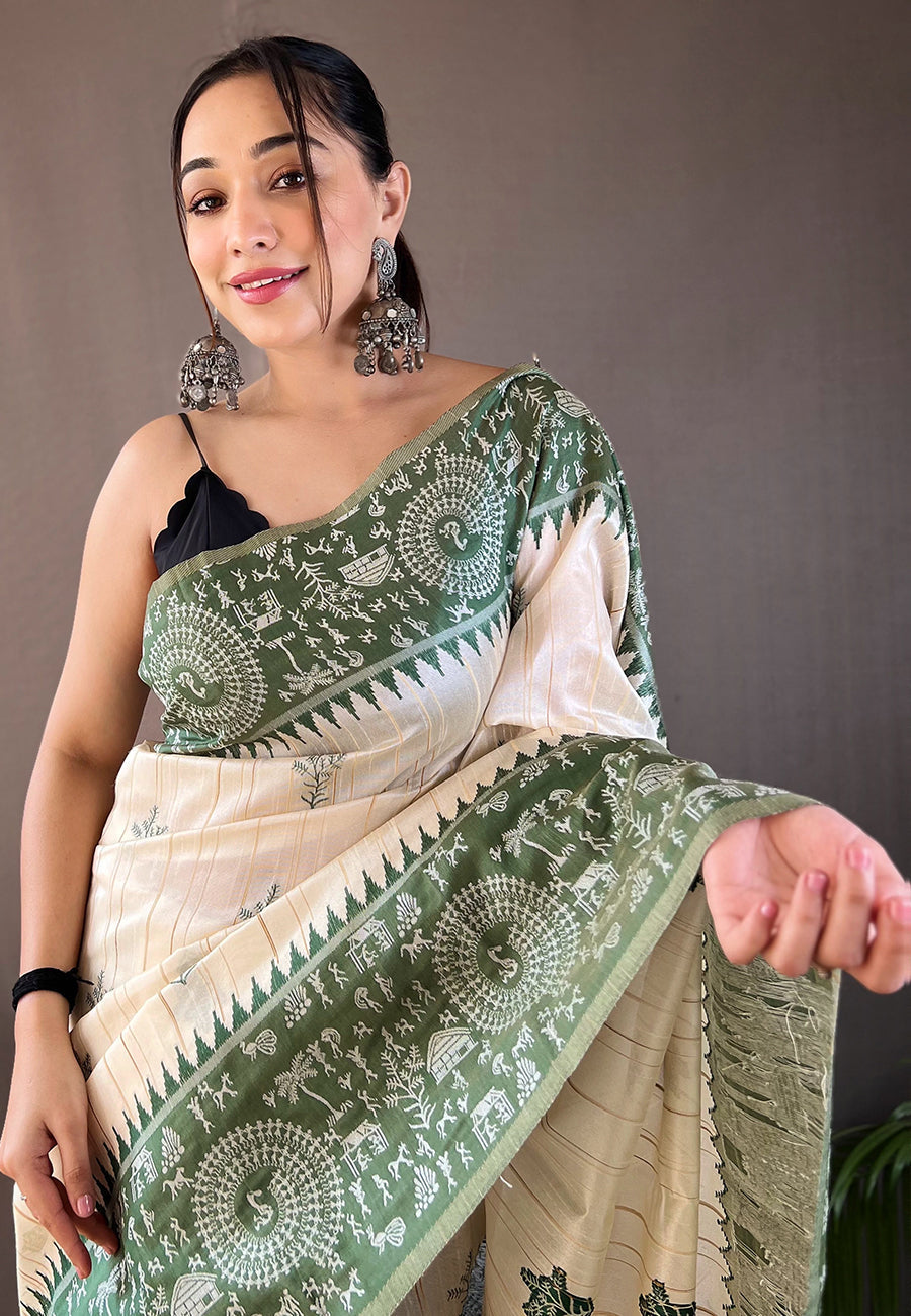 Finch Green Tussar Silk Saree