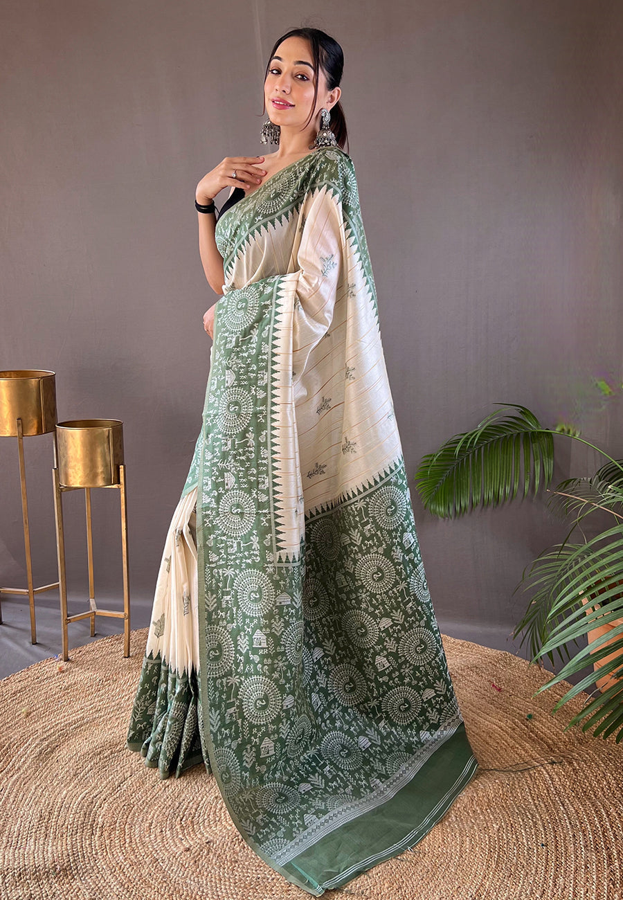 Finch Green Tussar Silk Saree