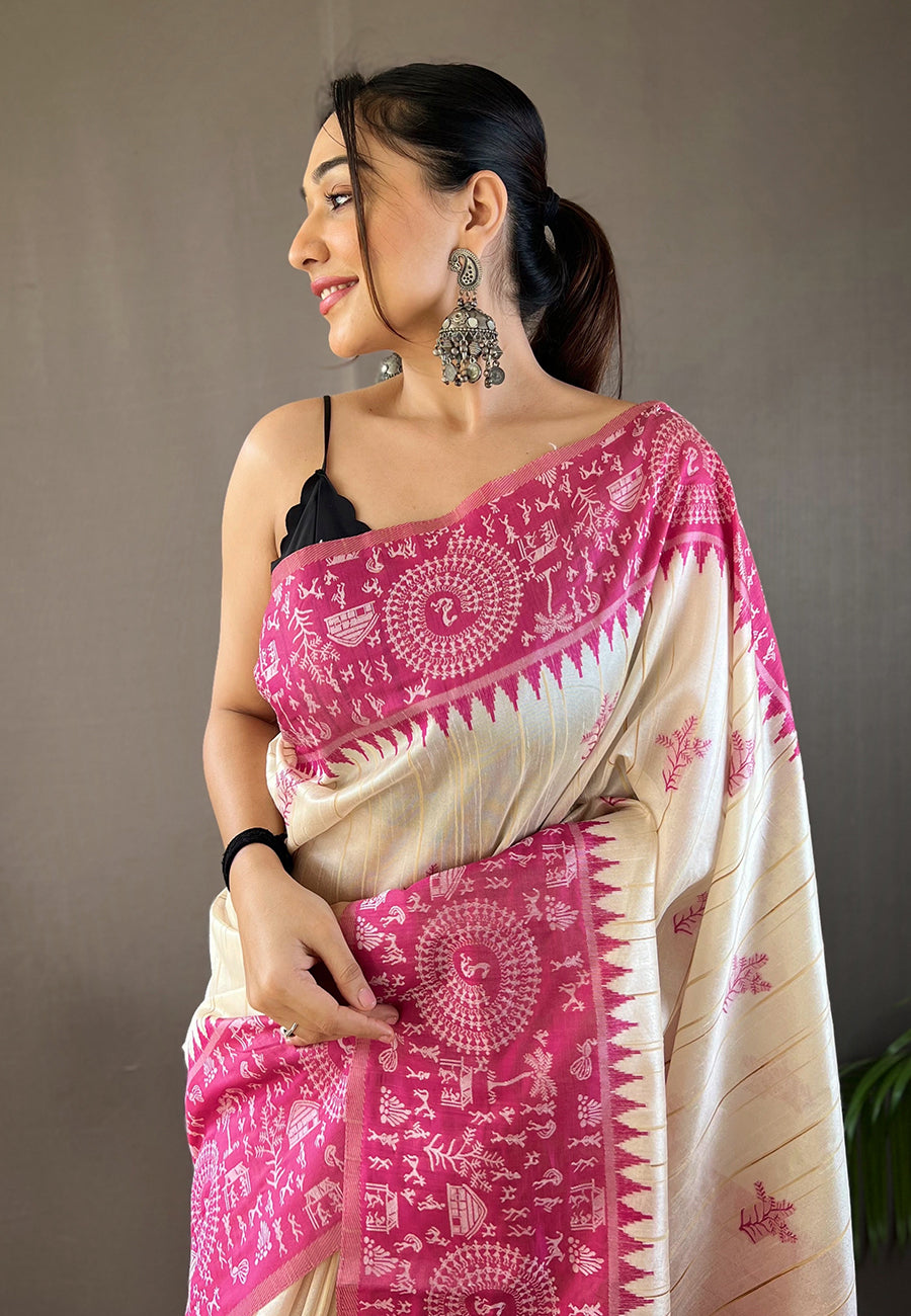 Froly Pink Tussar Silk Saree