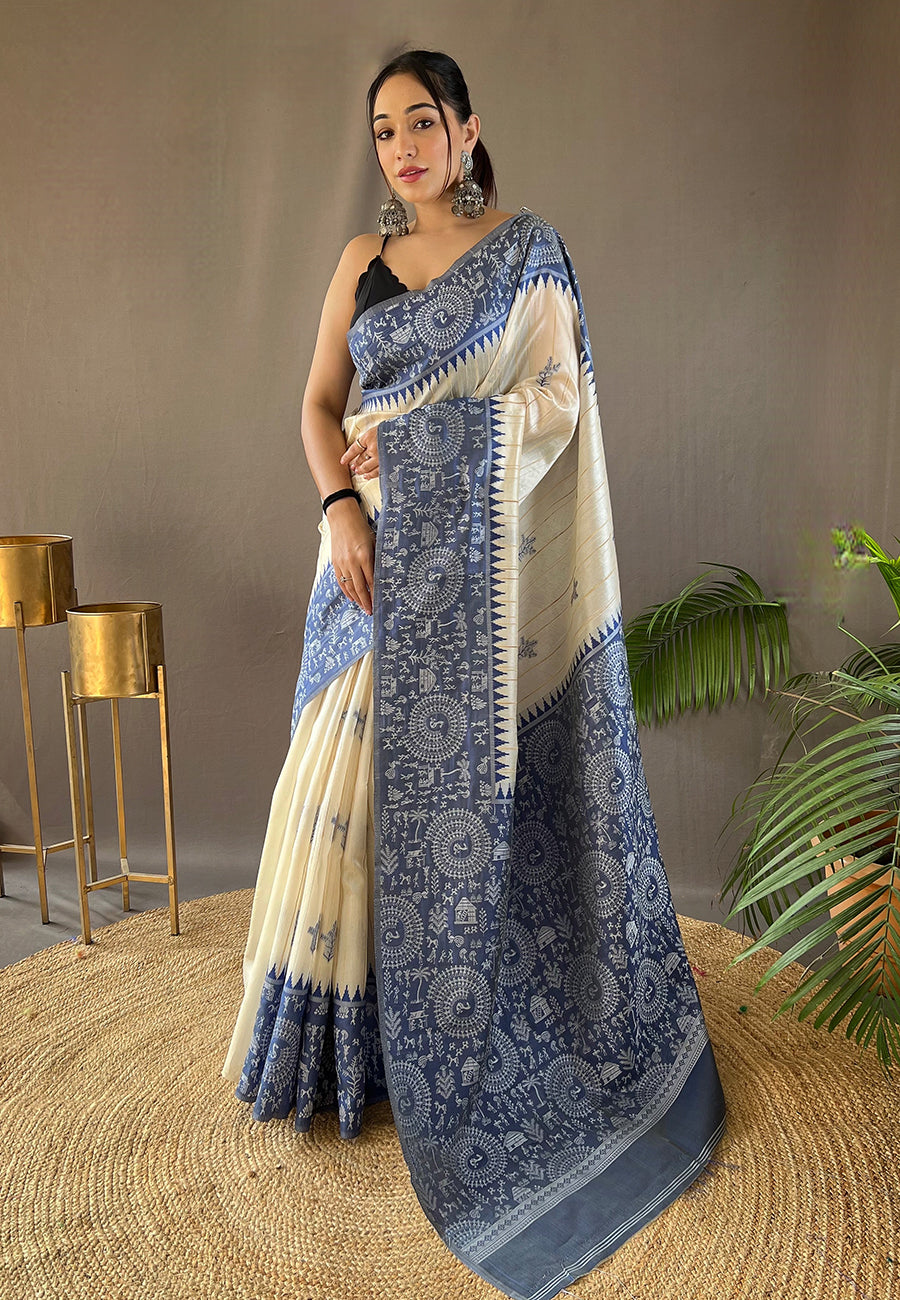 Waikawa Blue Tussar Silk Saree