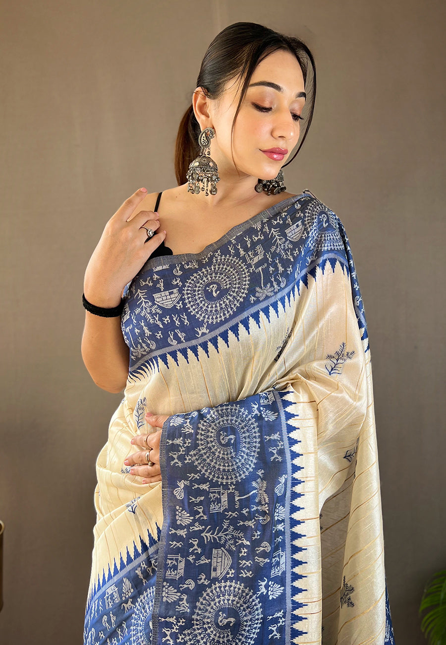 Waikawa Blue Tussar Silk Saree