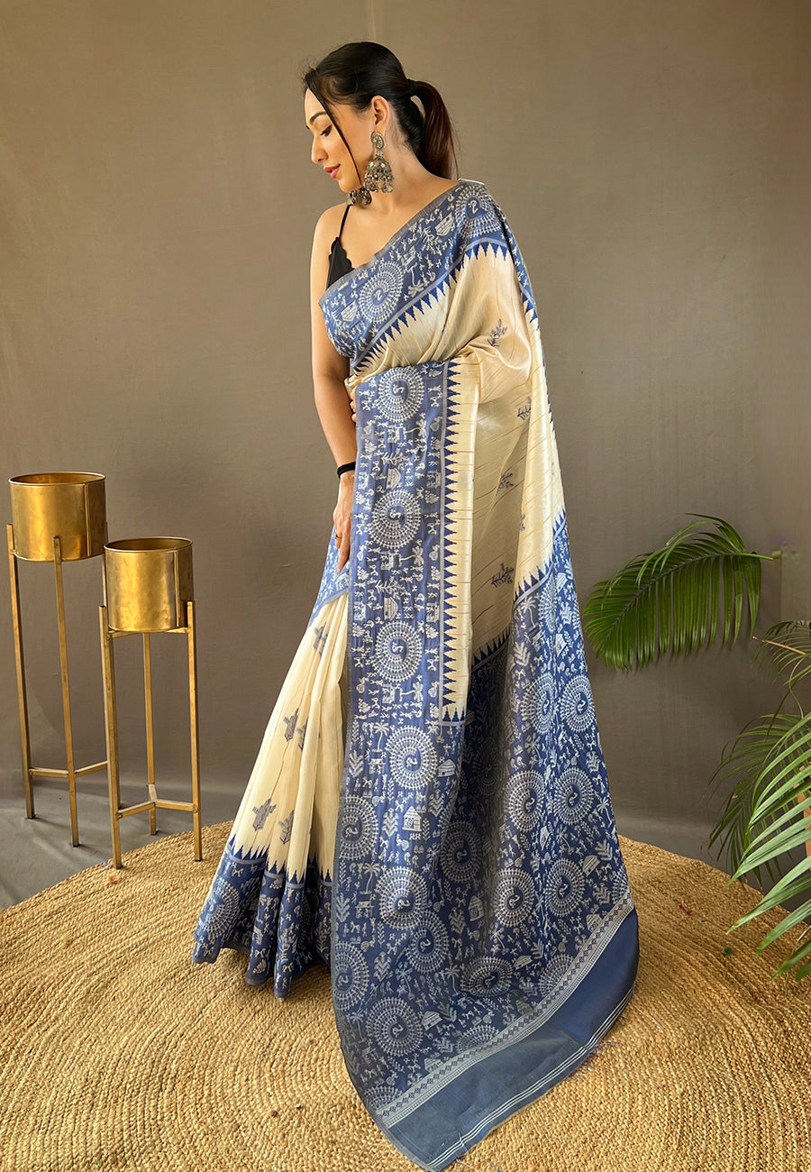 Waikawa Blue Tussar Silk Saree