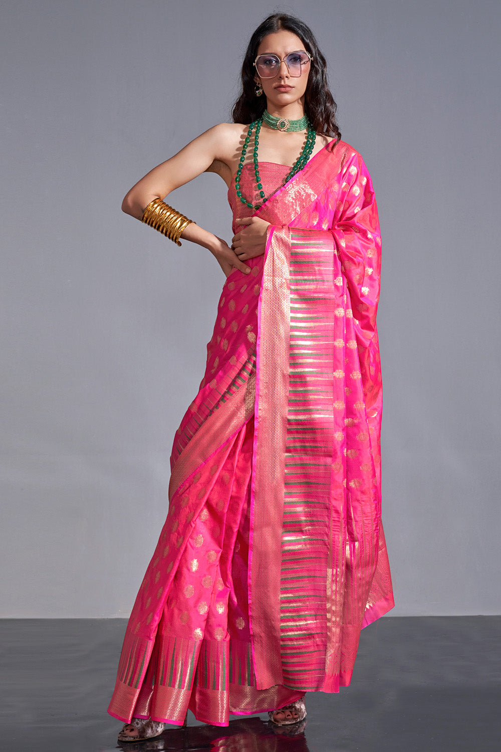 Hot Pink Banarasi Handloom Temple Border Silk Saree