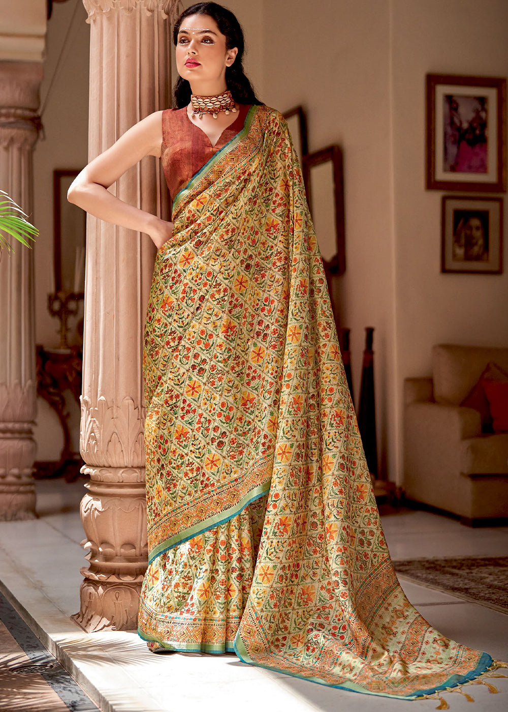 Desert Yellow Banarasi Printed Silk Saree