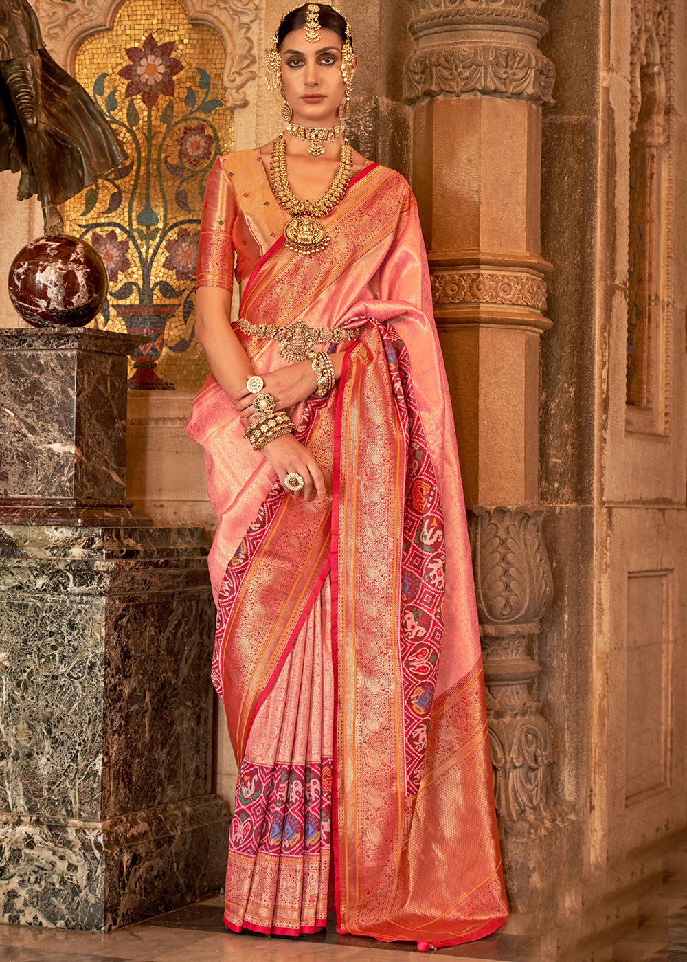 Froly Peach Zari Woven Banarasi Meenkari Silk Saree