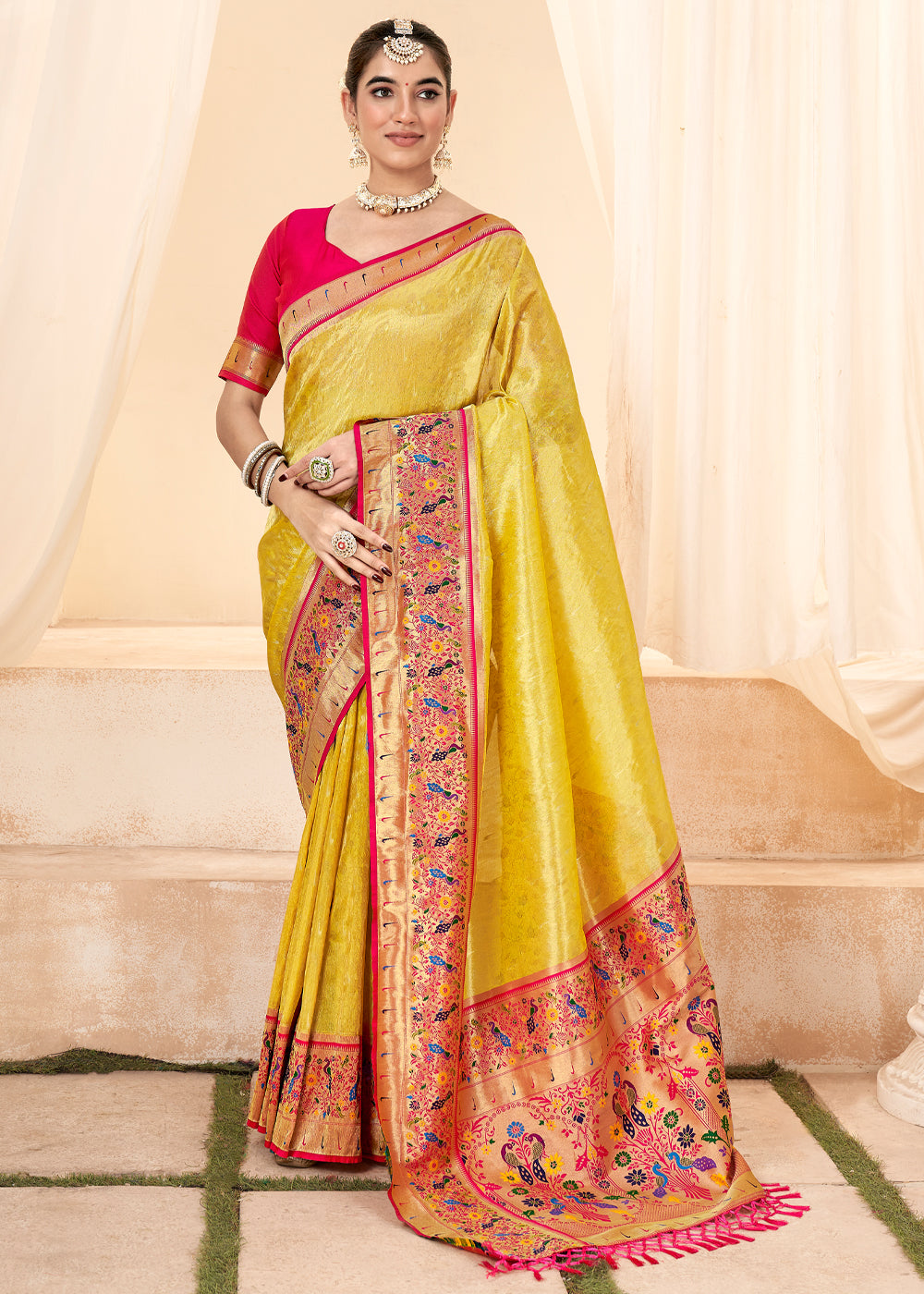 Sunset Pearl Yellow Woven Paithani Tissue Silk Saree