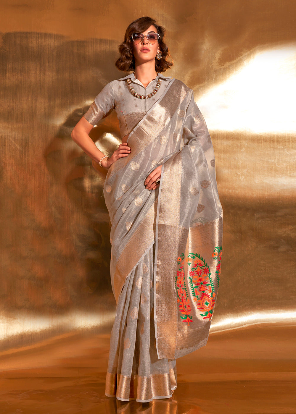 Pastel Grey Handloom Tissue Silk Saree