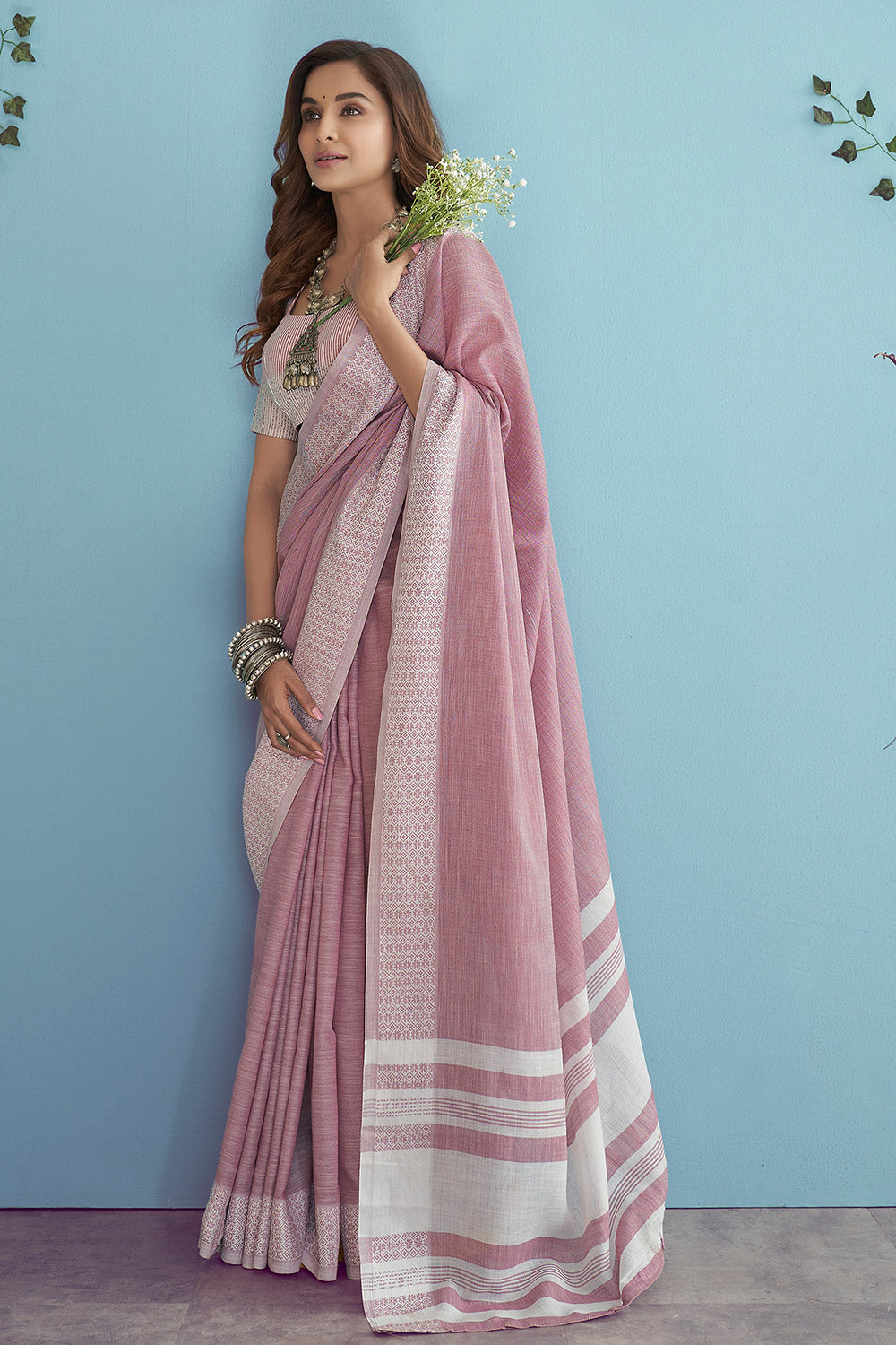 Clam Shell Pink Linen Saree