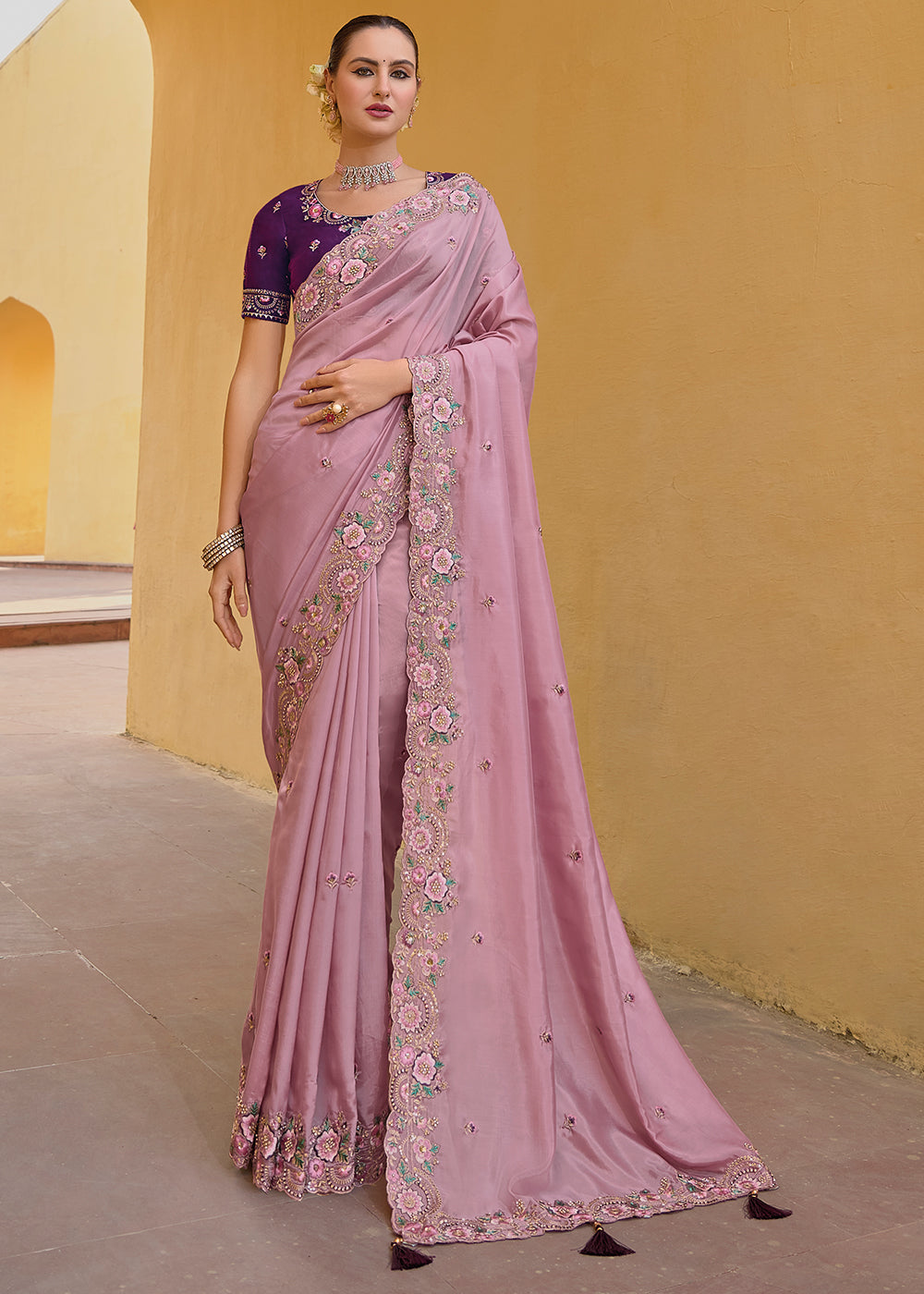 Viola Pink Tissue Organza Embroidered Silk Saree