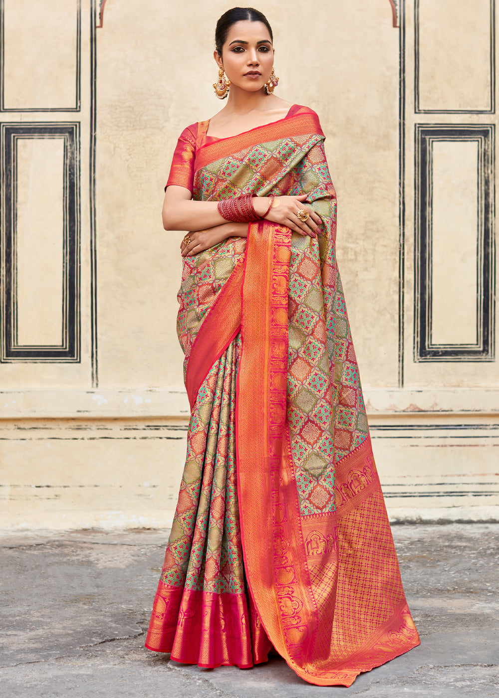 Indian Khaki Green and Red Woven Banarasi Silk Saree