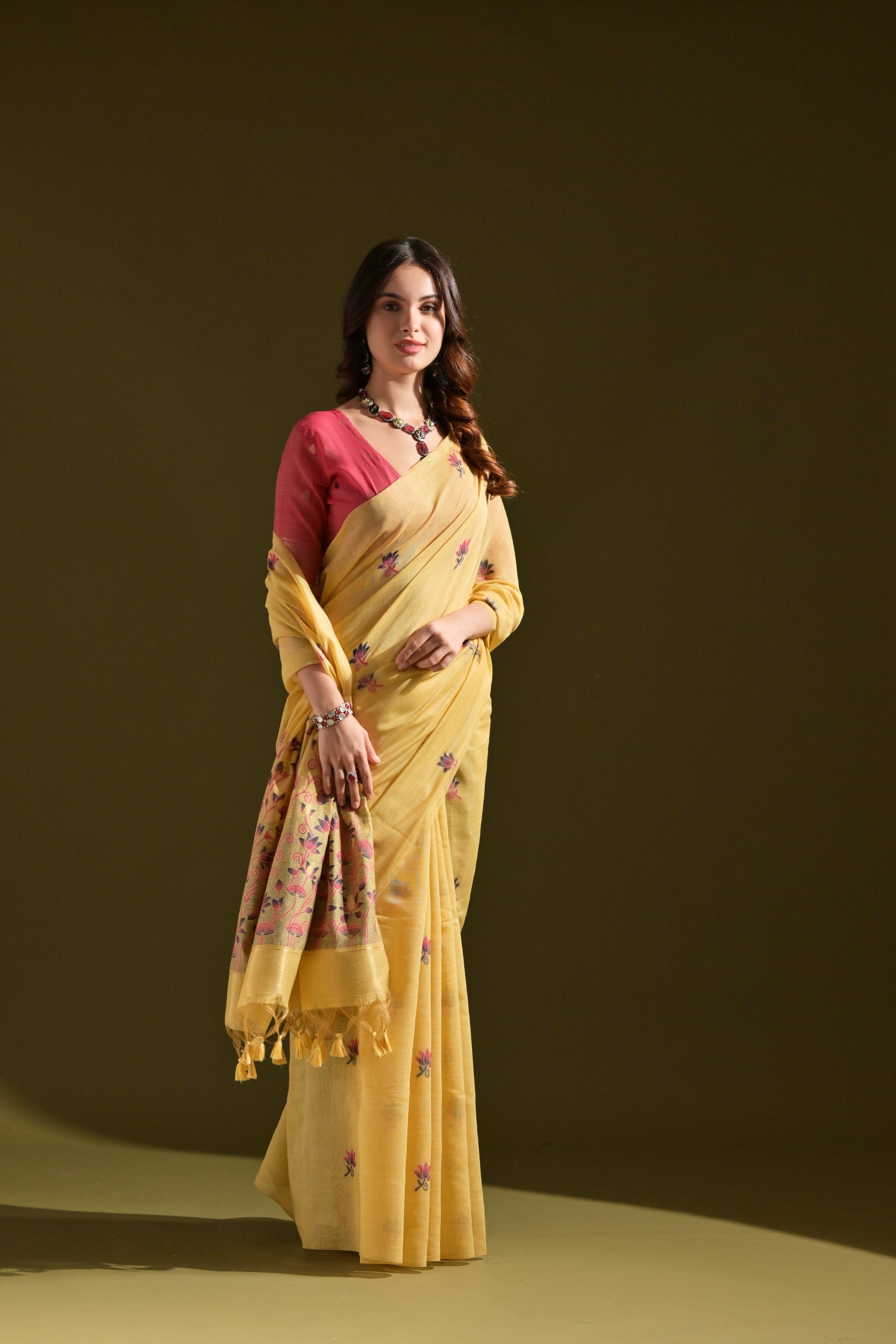 Chalky Yellow Meenakari Woven Muga Cotton Saree