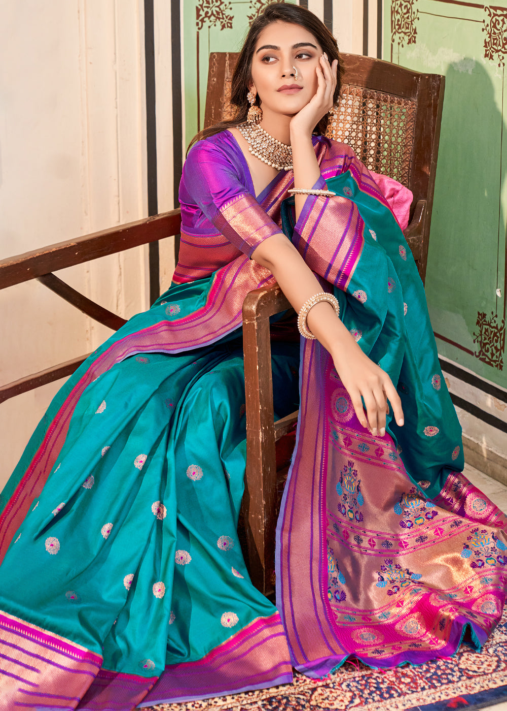 Dark Teal Blue Woven Paithani Soft Silk Saree