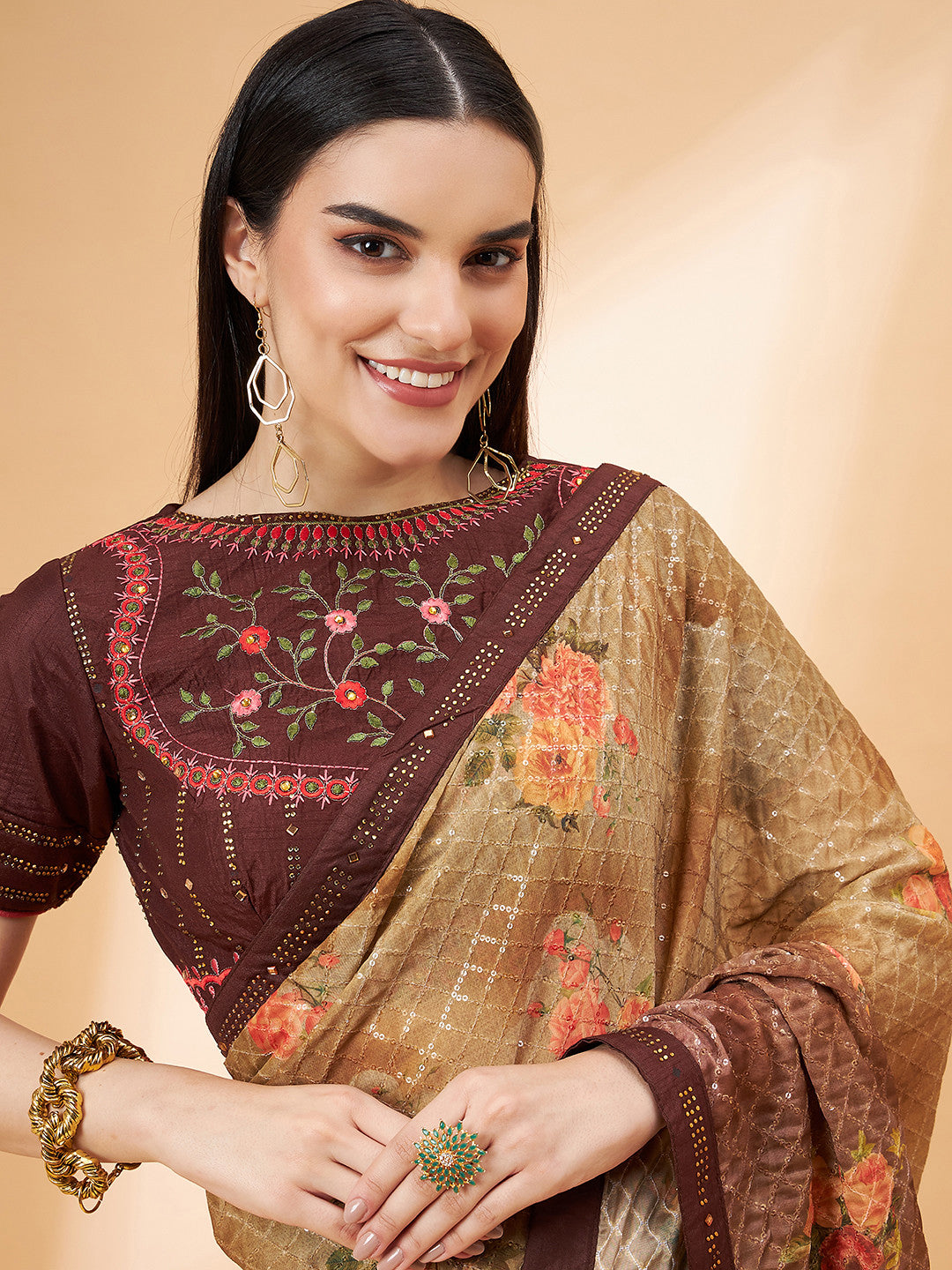 Pastry Brown Georgette Designer Saree