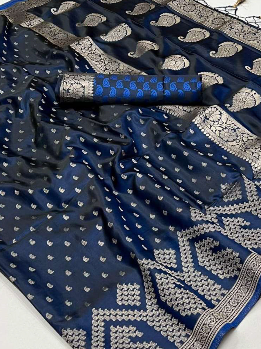 Jacksons Blue Banarasi Handloom Satin Silk saree