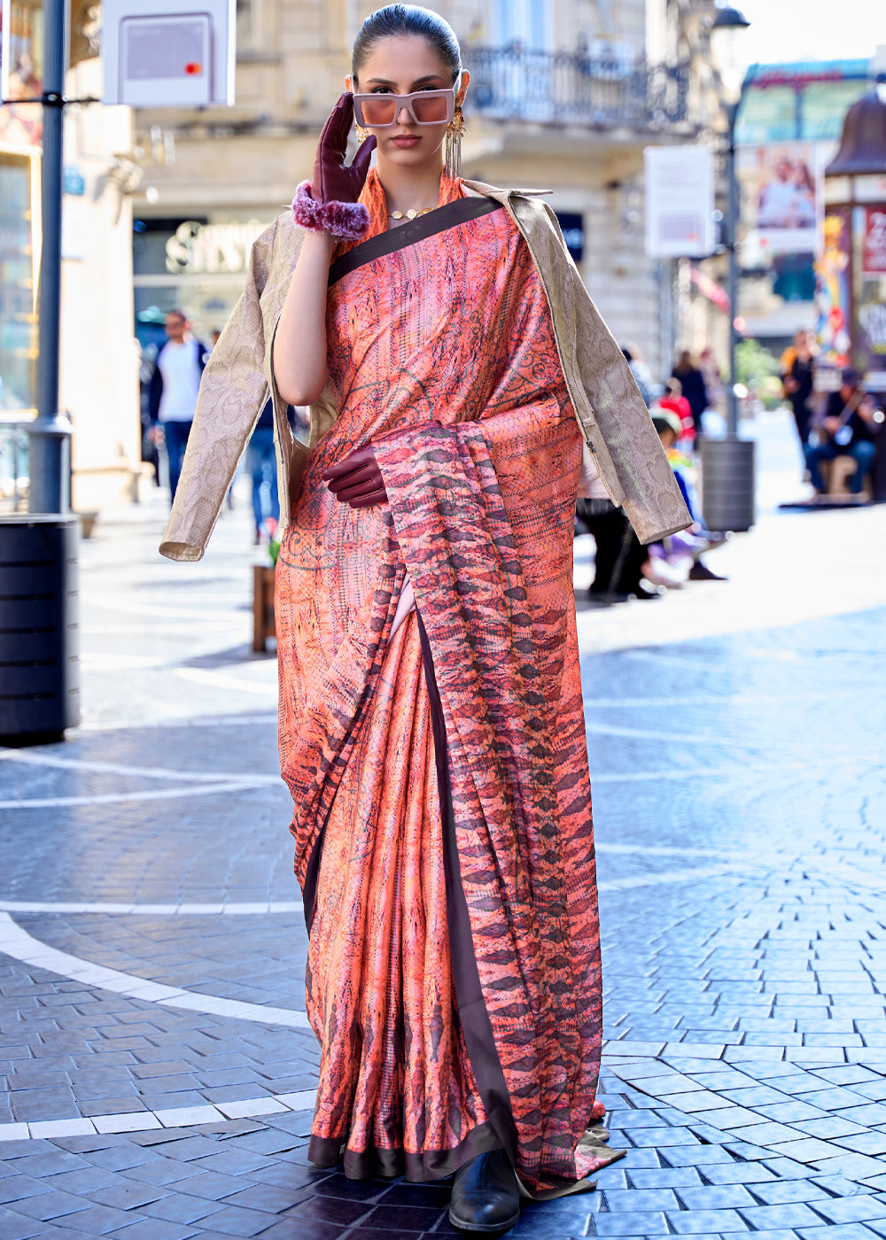 Georgia Peach Digital Printed Satin Silk Saree