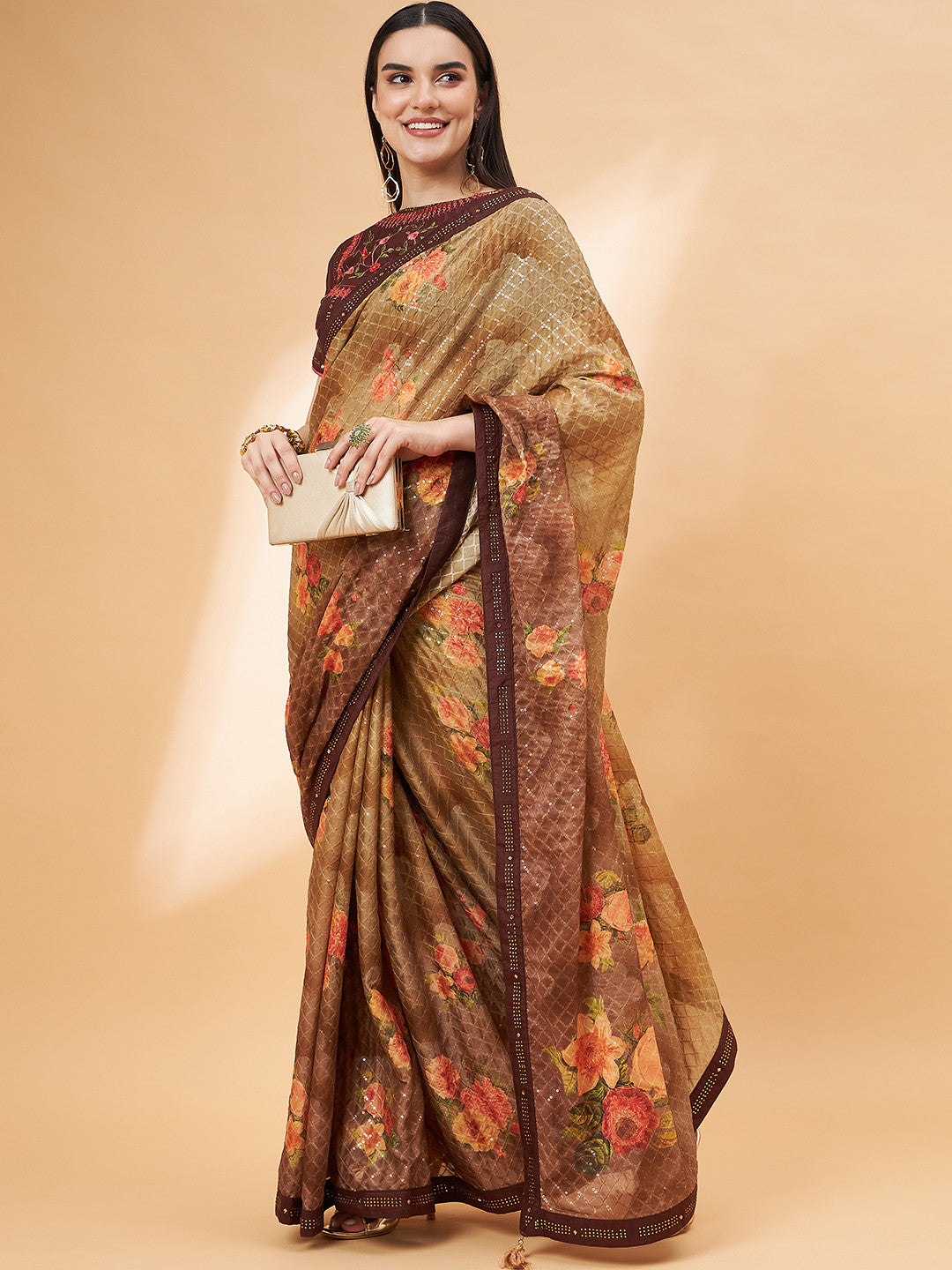 Pastry Brown Georgette Designer Saree