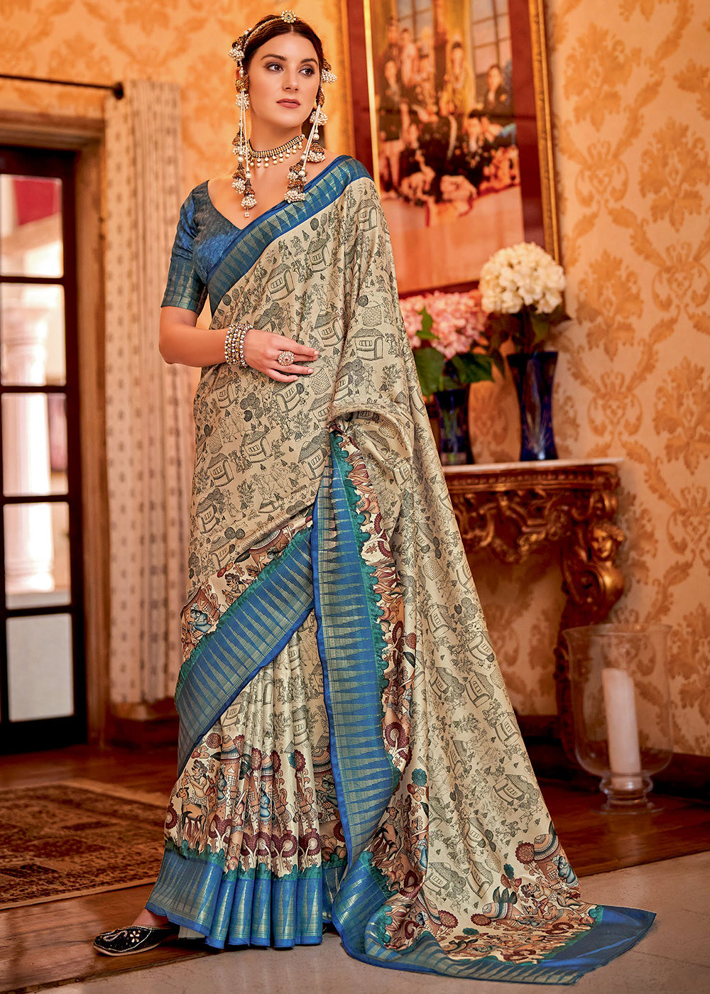 Beige Cream and Blue Manipuri Temple Printed Silk Saree