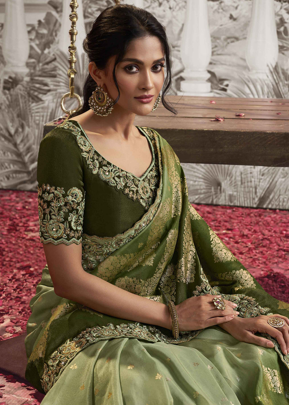 Venom Green Embroidered Designer Silk Saree