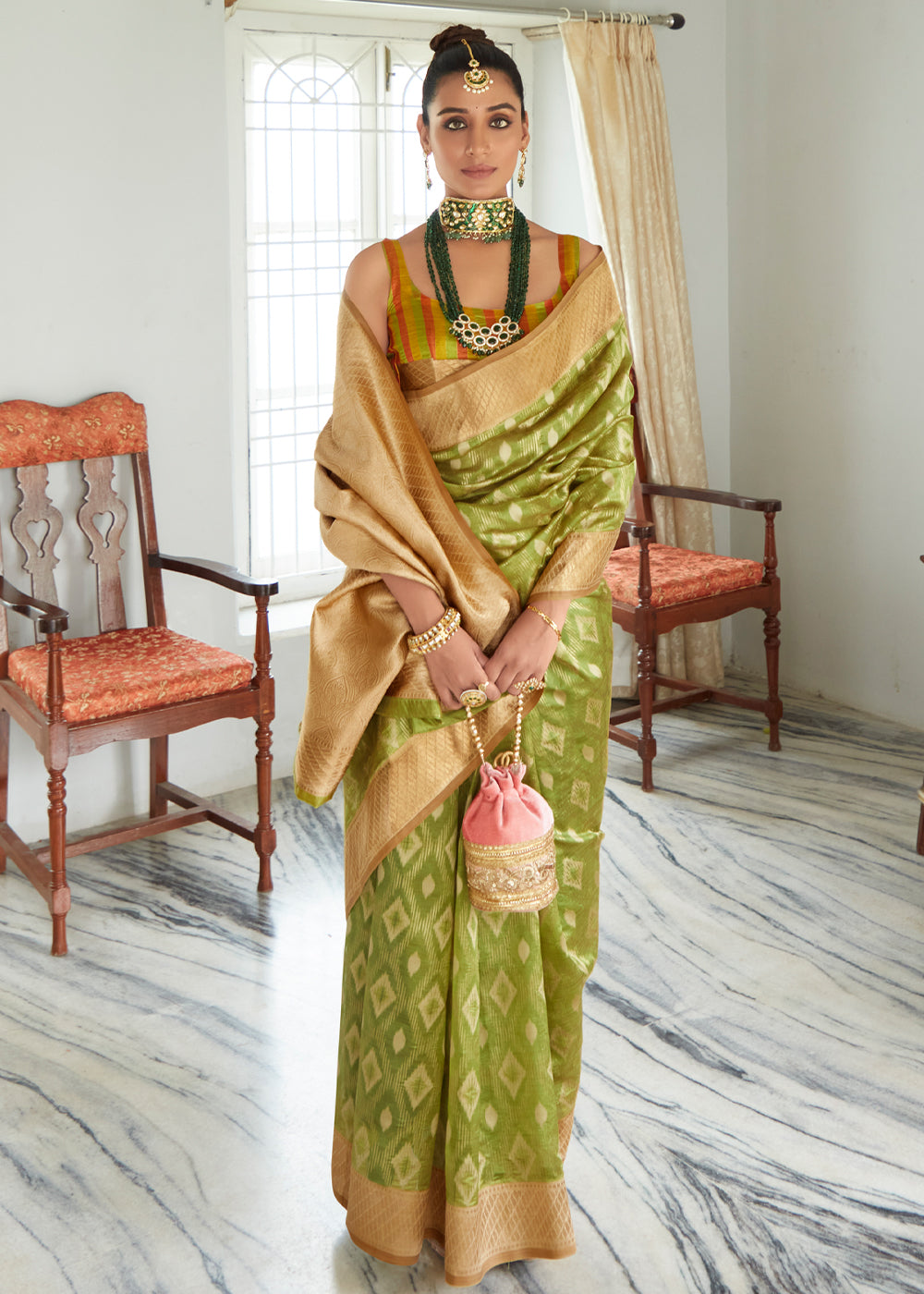 Reef Green Woven Banarasi Organza Silk Saree