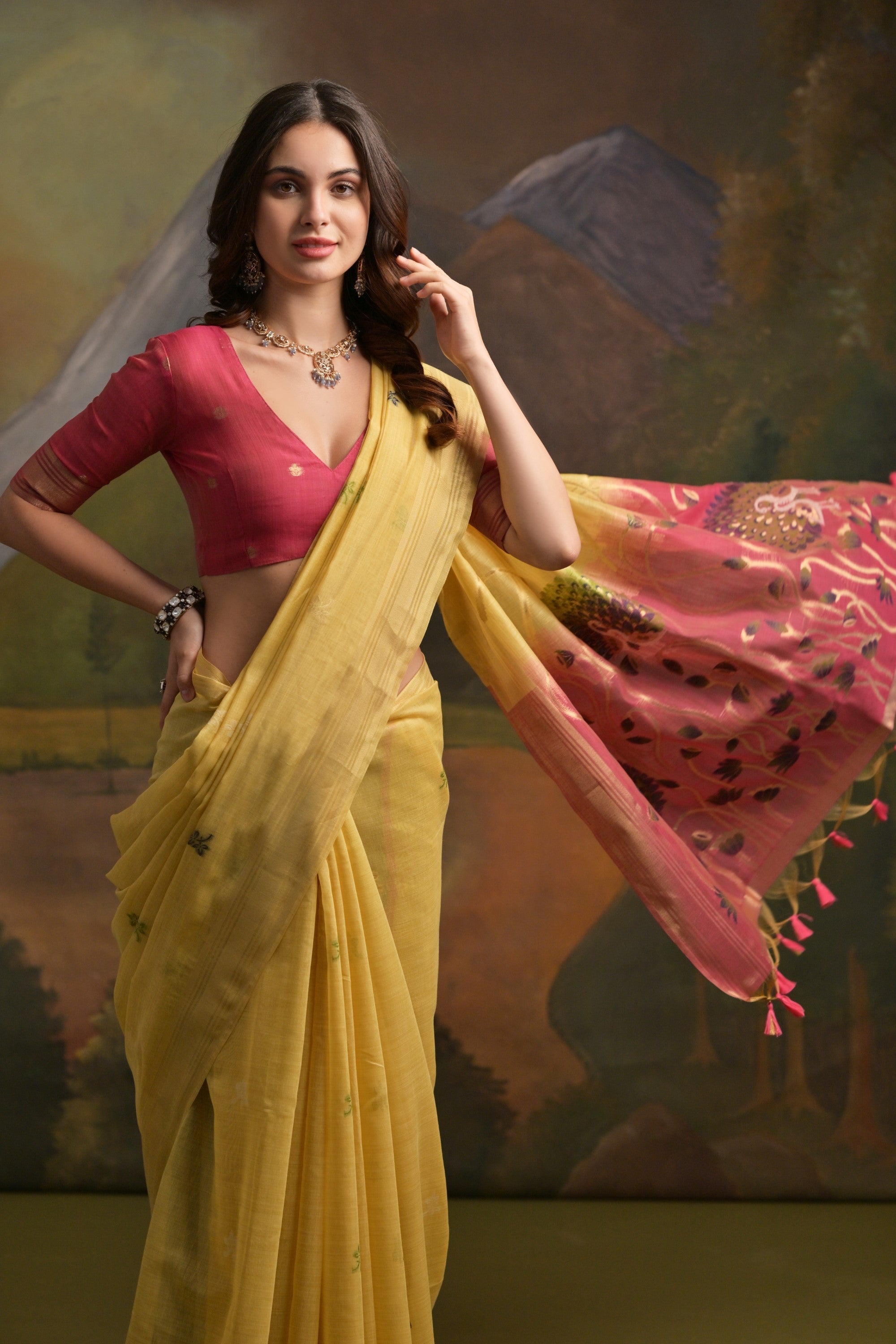 Bush Yellow Pichwai Woven Muga Cotton Saree