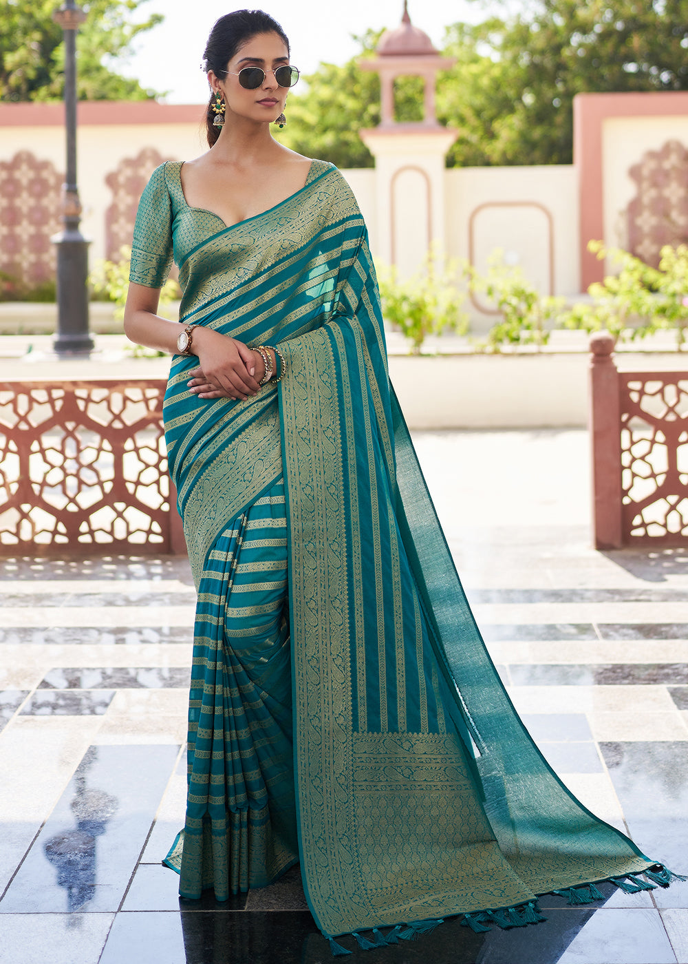 Elm Blue Woven Lehriya Georgette Saree