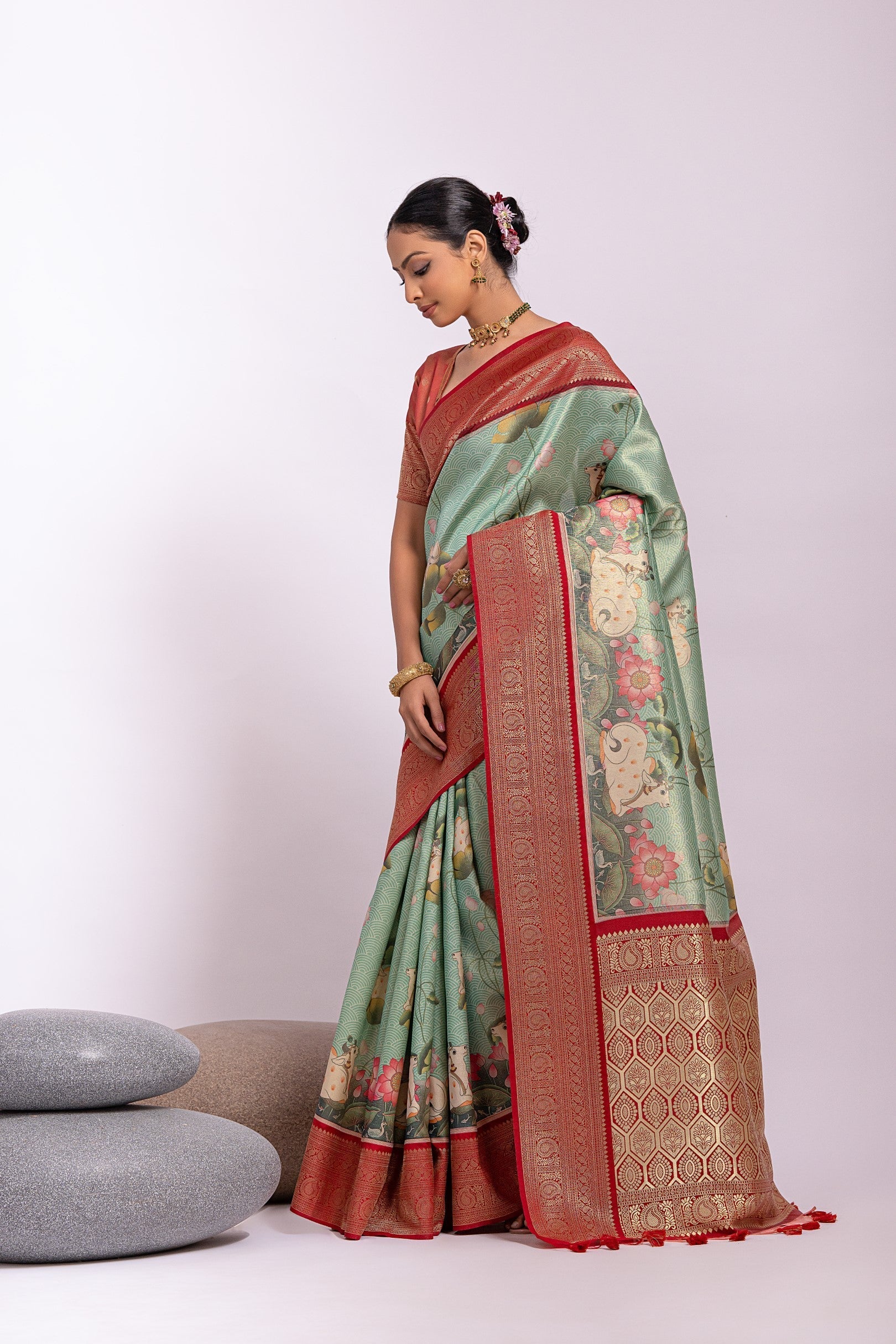 Camouflage Green Woven Tissue Silk Saree