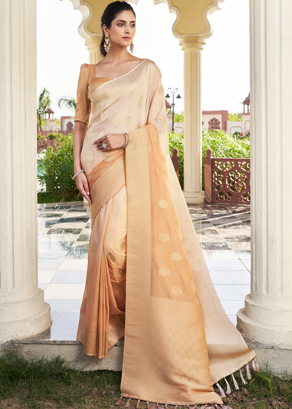 Sidecar Cream Zari Woven Georgette Saree