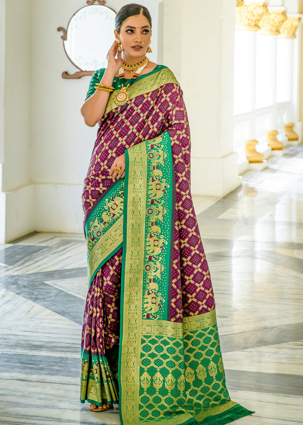 Tawny Port Purple Woven Banarasi Bandhani Silk Saree