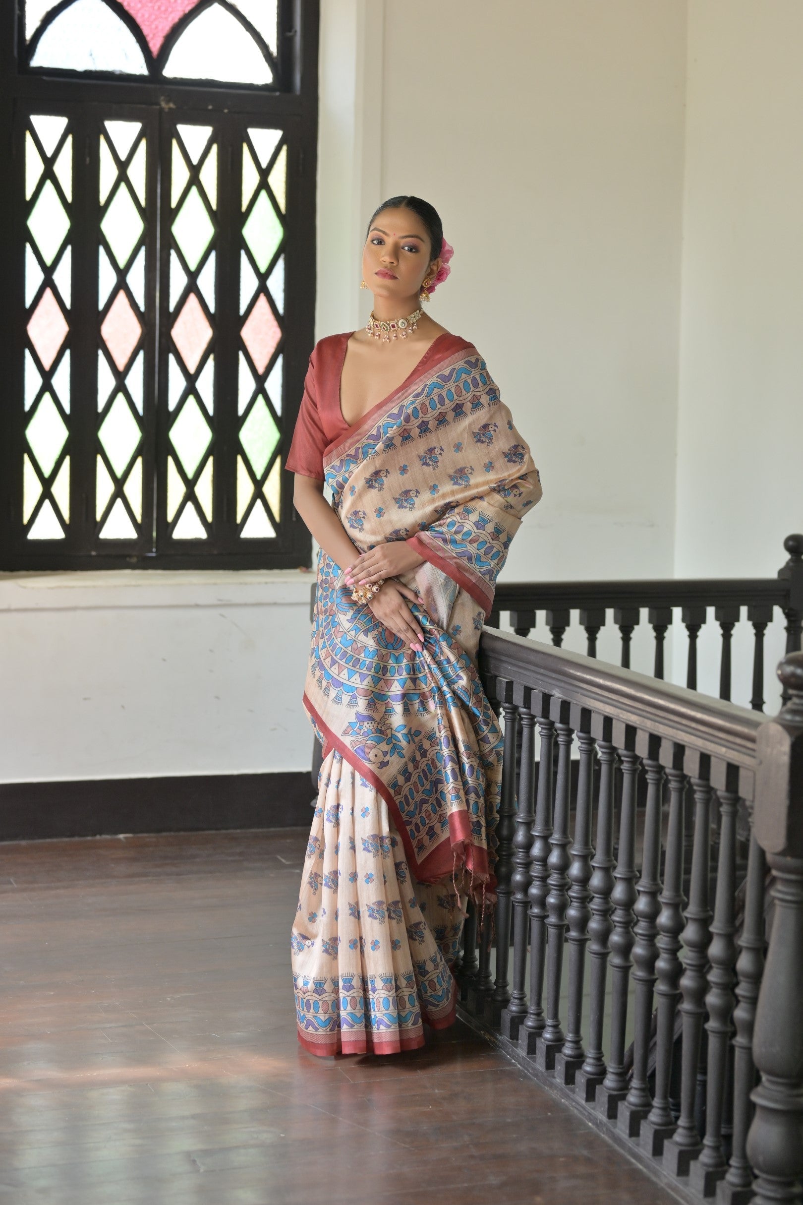 Vanilla Cream and Red Madhubani Printed Tussar Silk Saree