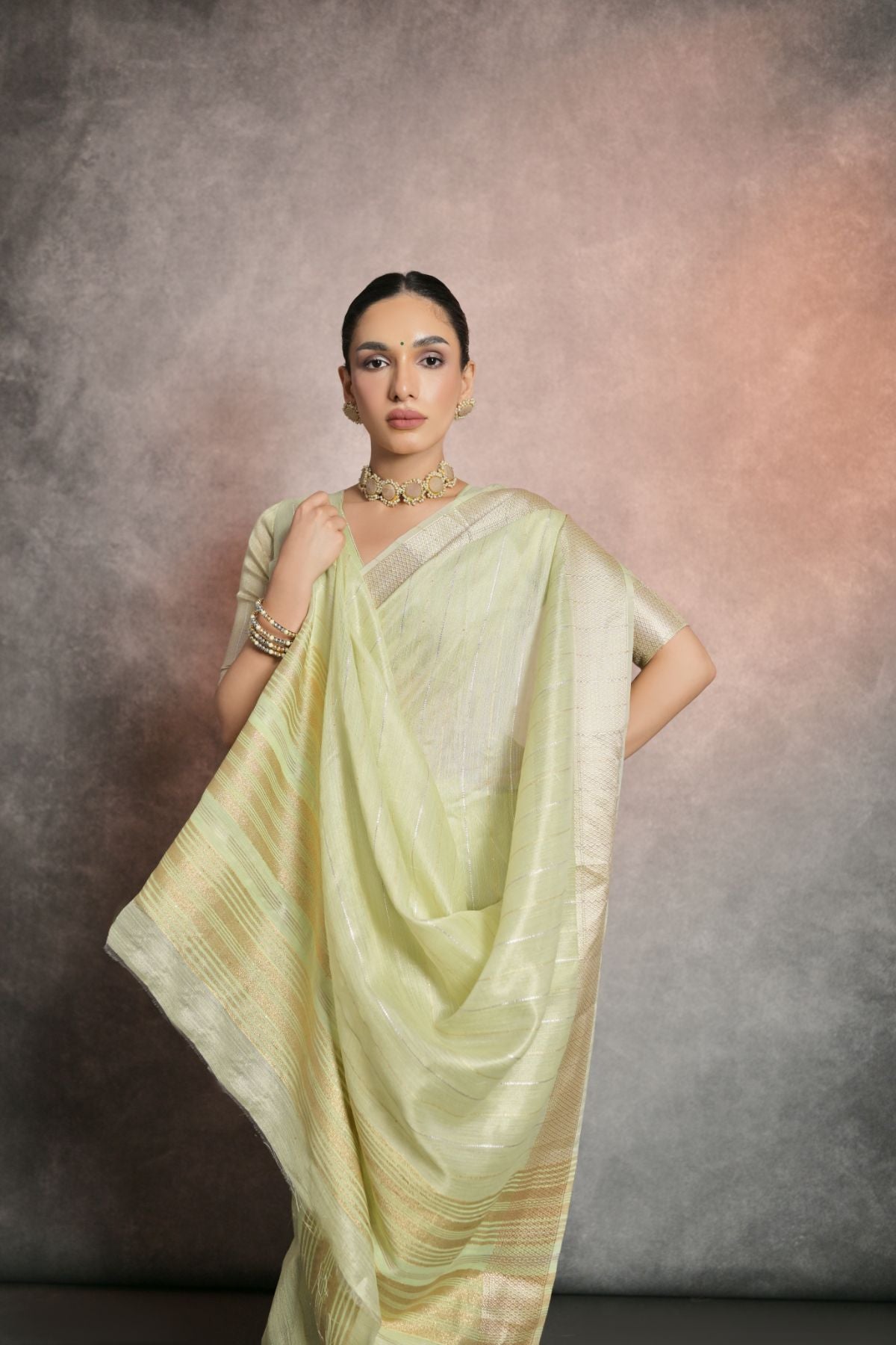 Green Tea Tissue Cotton Saree