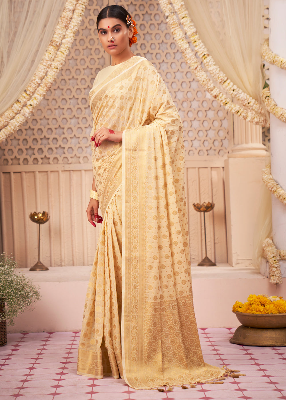 Manhattan Cream Woven Georgette Saree