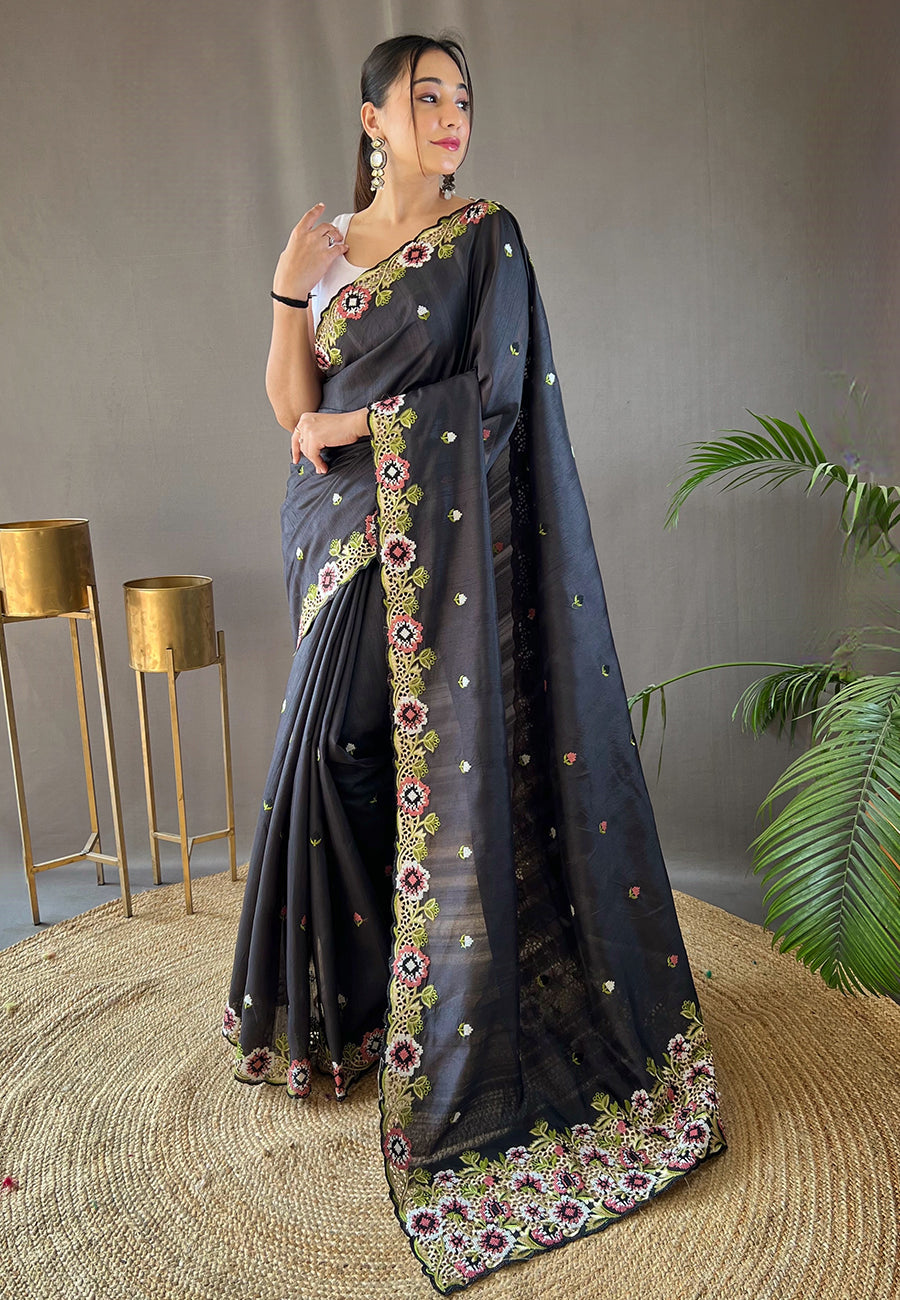 Mine Shaft Black Embroidered Tussar Silk Saree