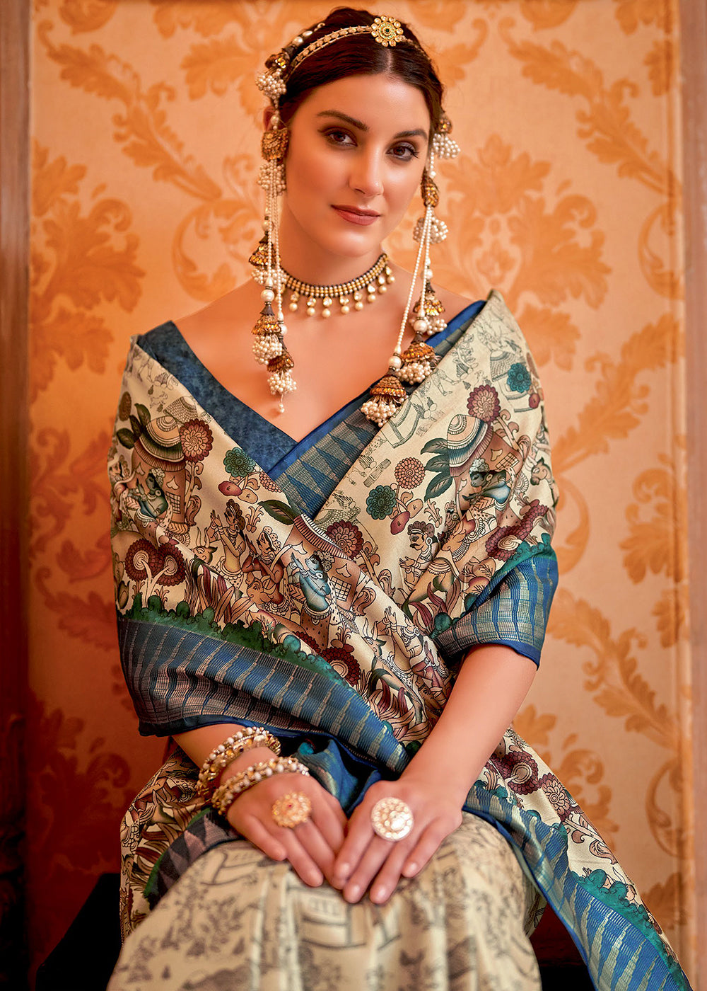 Beige Cream and Blue Manipuri Temple Printed Silk Saree