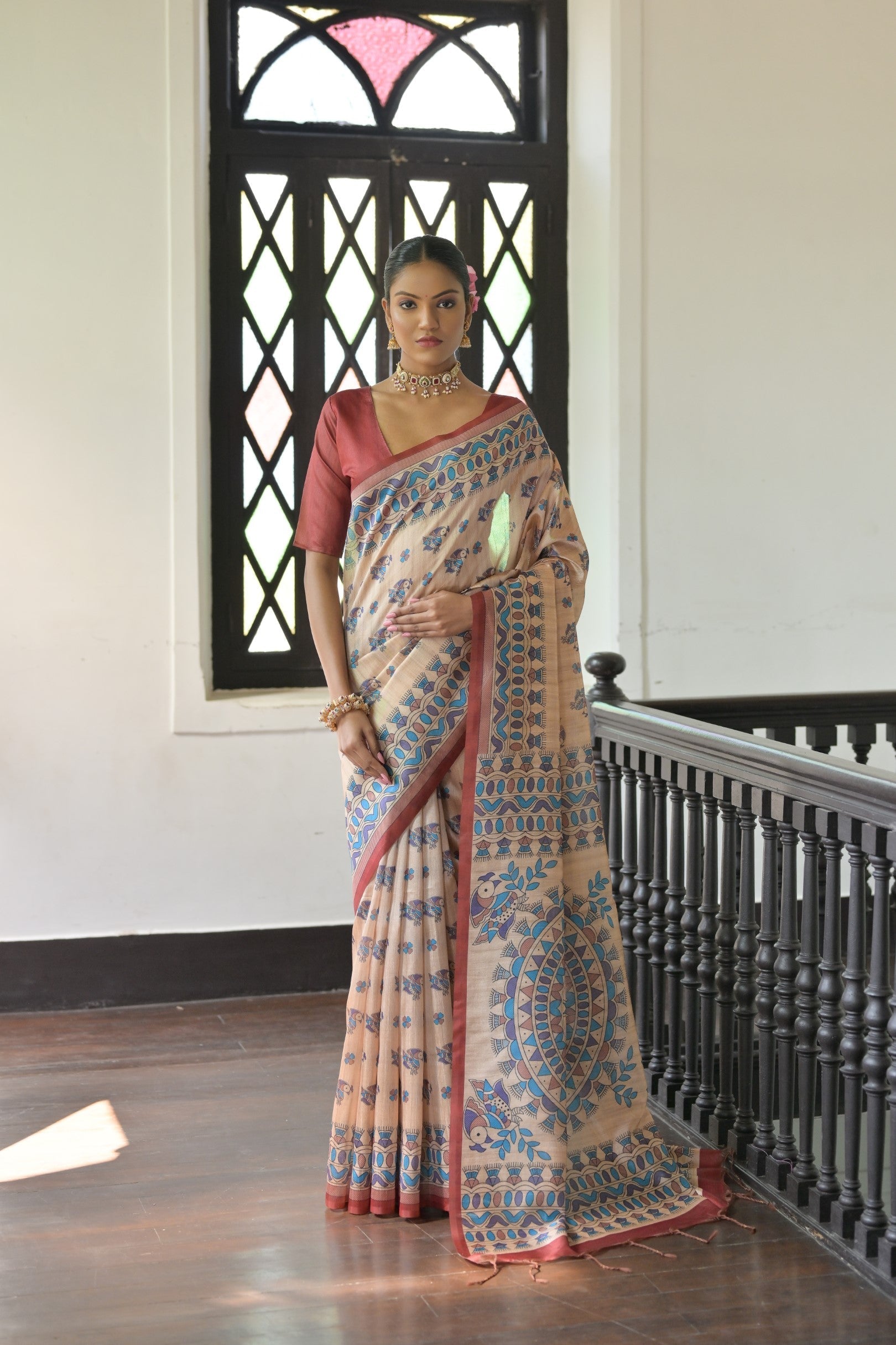 Vanilla Cream and Red Madhubani Printed Tussar Silk Saree