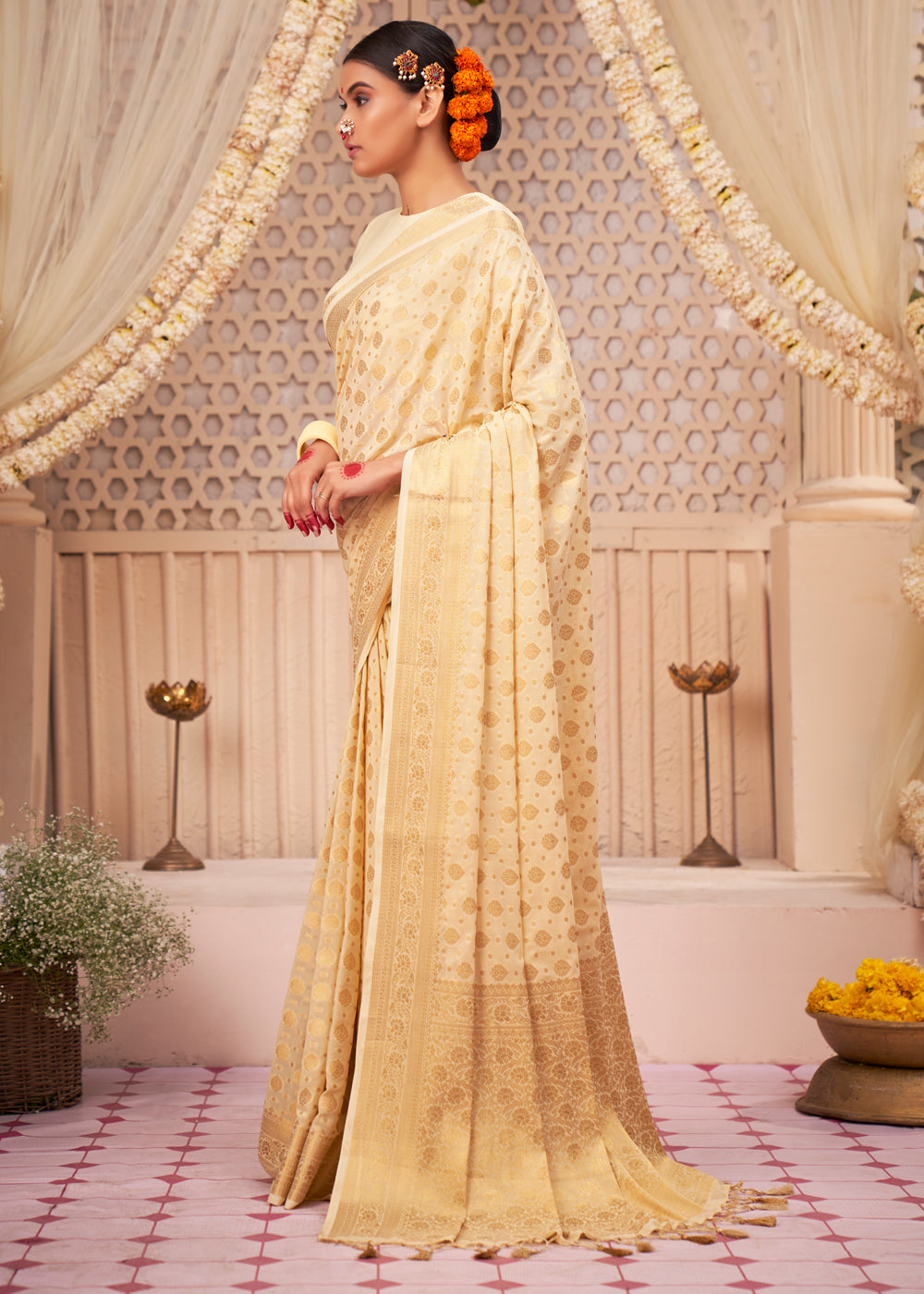 Manhattan Cream Woven Georgette Saree