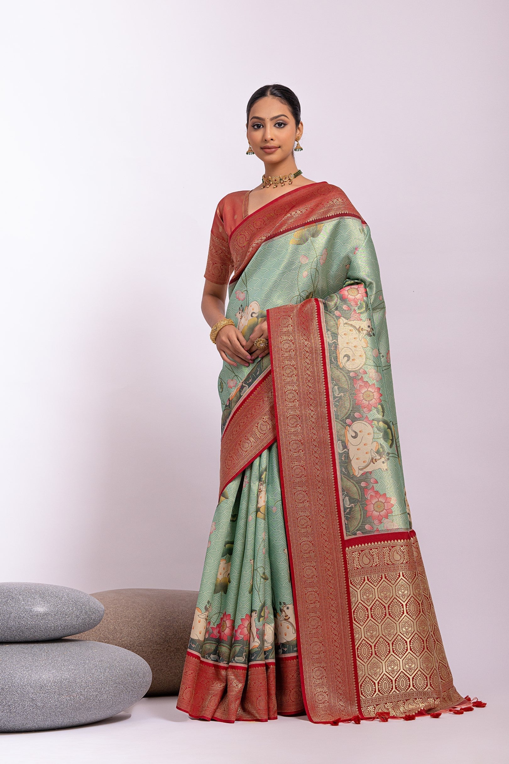 Camouflage Green Woven Tissue Silk Saree