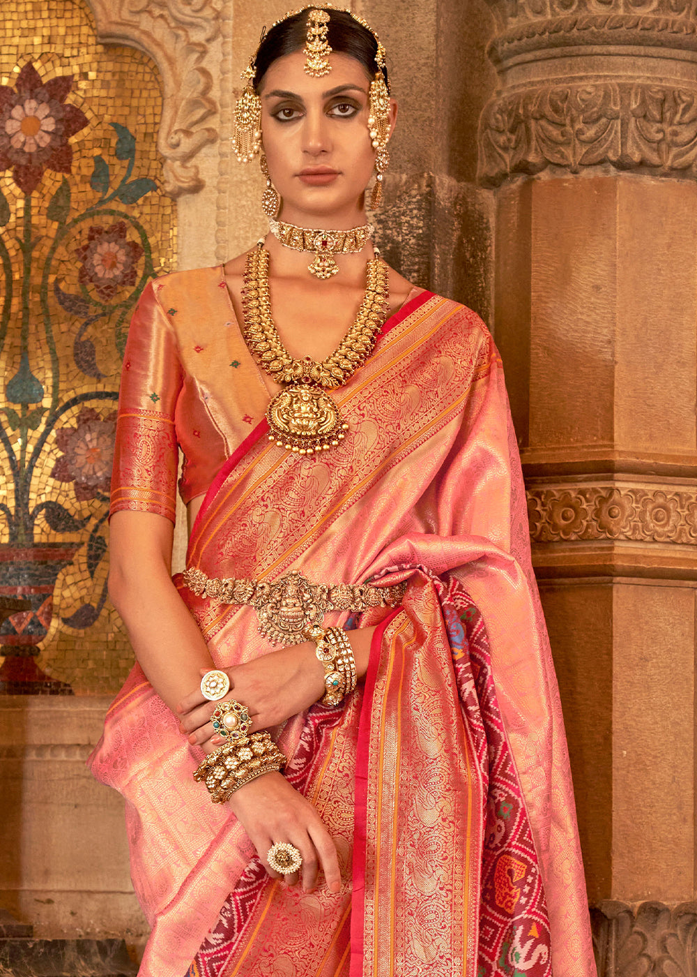 Froly Peach Zari Woven Banarasi Meenkari Silk Saree