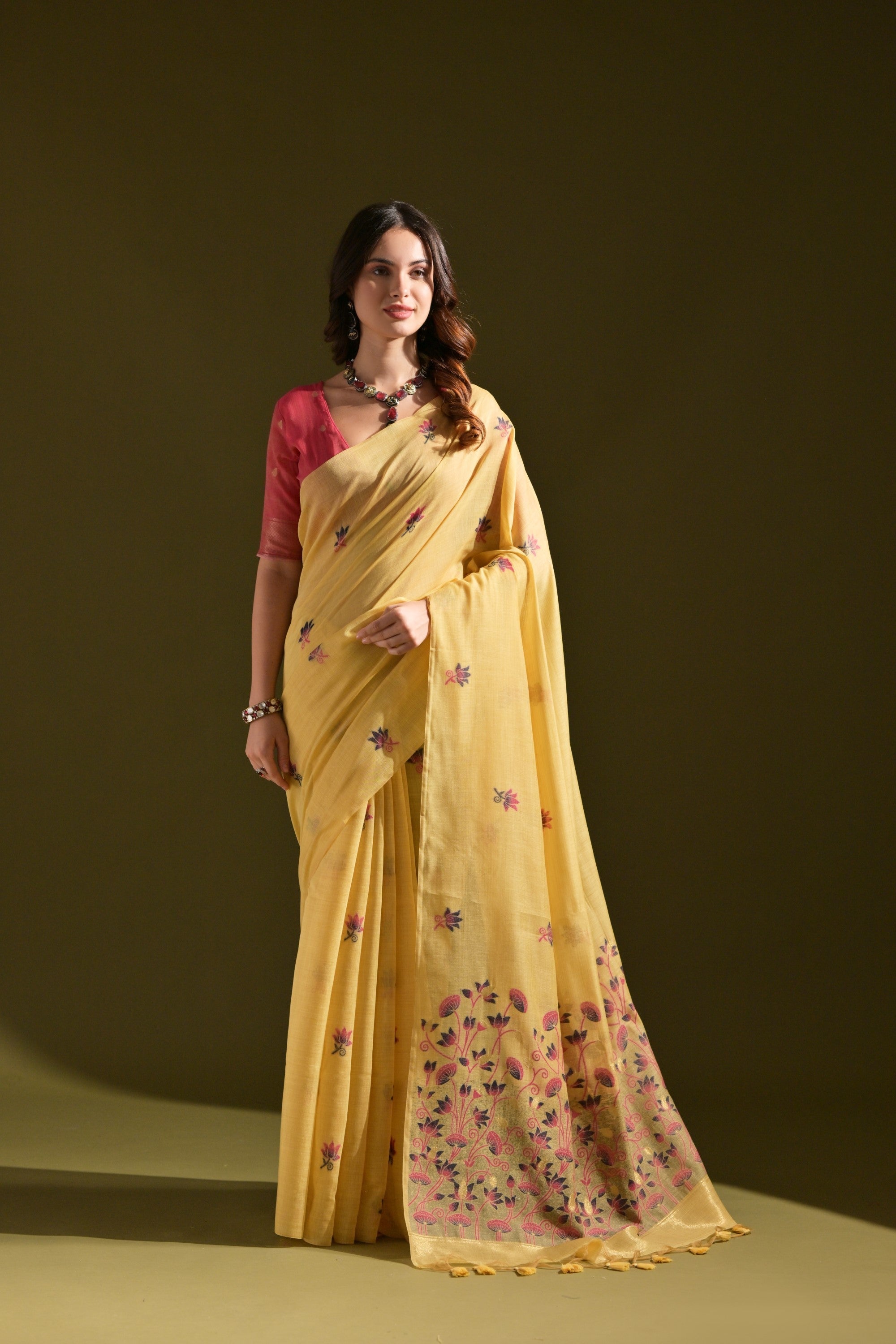 Chalky Yellow Meenakari Woven Muga Cotton Saree